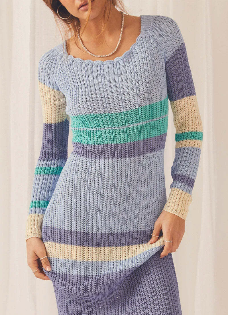 Long Contrast Color Off Neck Off The Shoulder Hollow Out Cutout Out Beach Long Sleeve Knitted Striped Dress Women