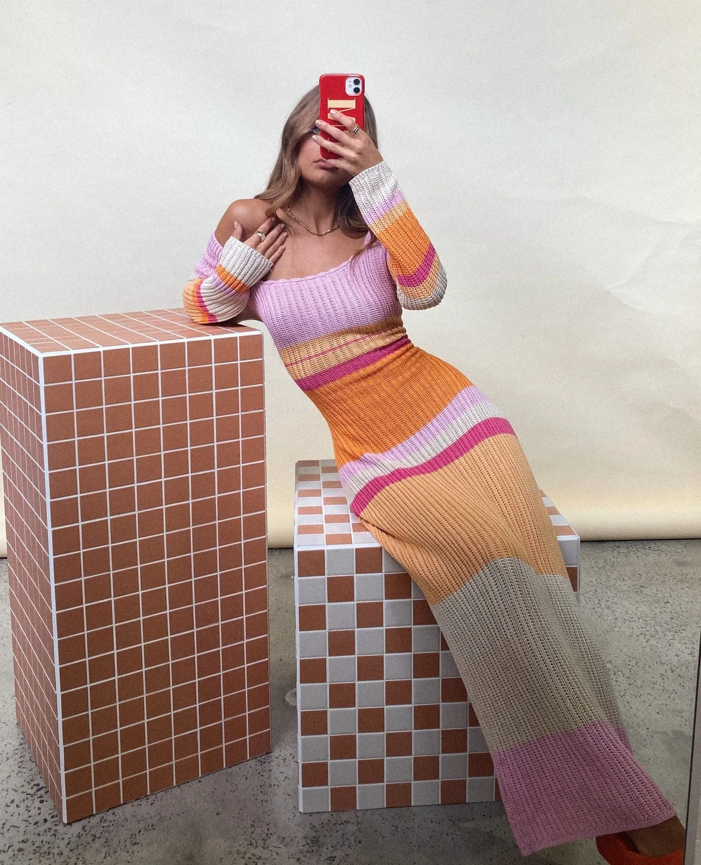 Long Contrast Color Off Neck Off The Shoulder Hollow Out Cutout Out Beach Long Sleeve Knitted Striped Dress Women