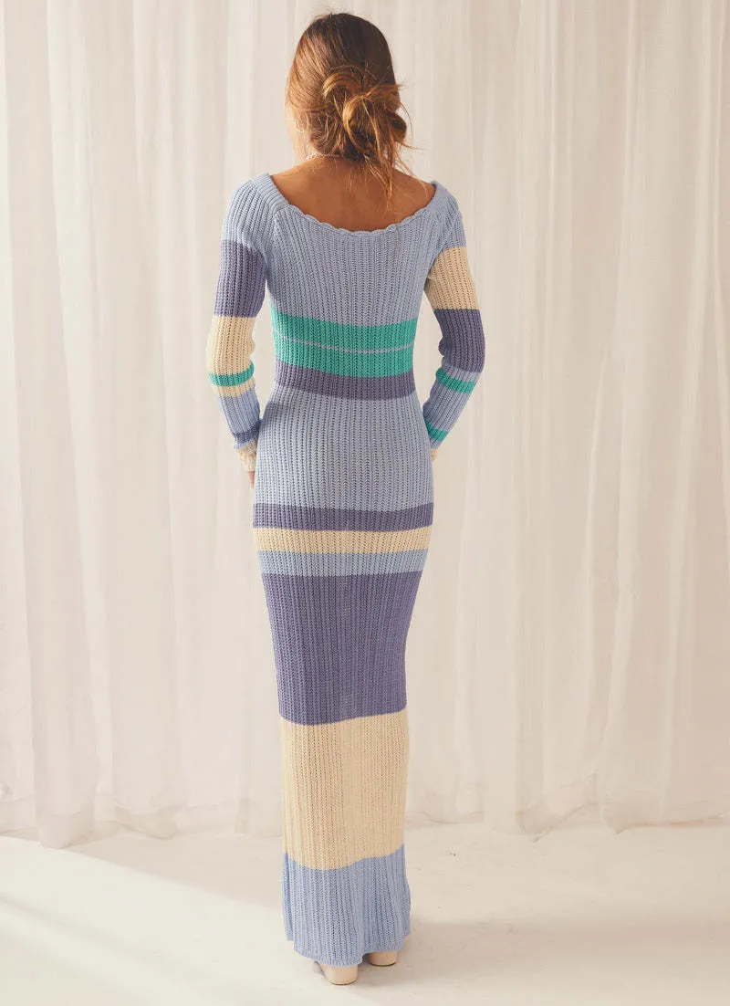 Long Contrast Color Off Neck Off The Shoulder Hollow Out Cutout Out Beach Long Sleeve Knitted Striped Dress Women
