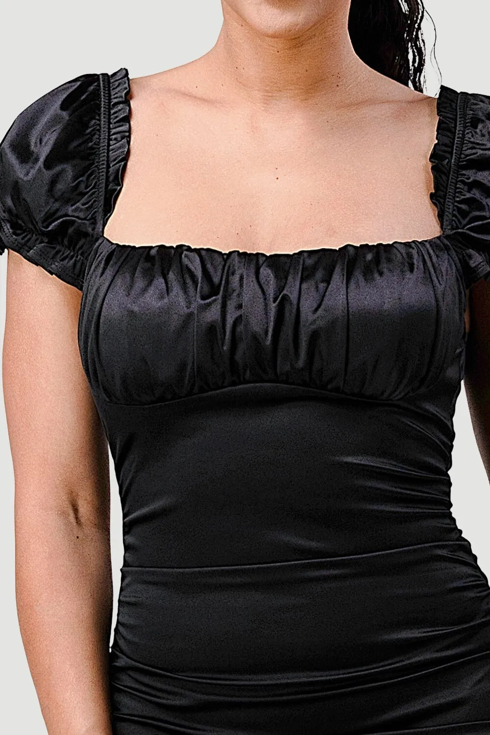 LUXE SATIN RUCHED SQUARE NECK BODYCON MINI DRESS