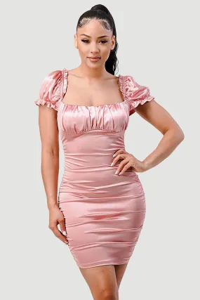 LUXE SATIN RUCHED SQUARE NECK BODYCON MINI DRESS