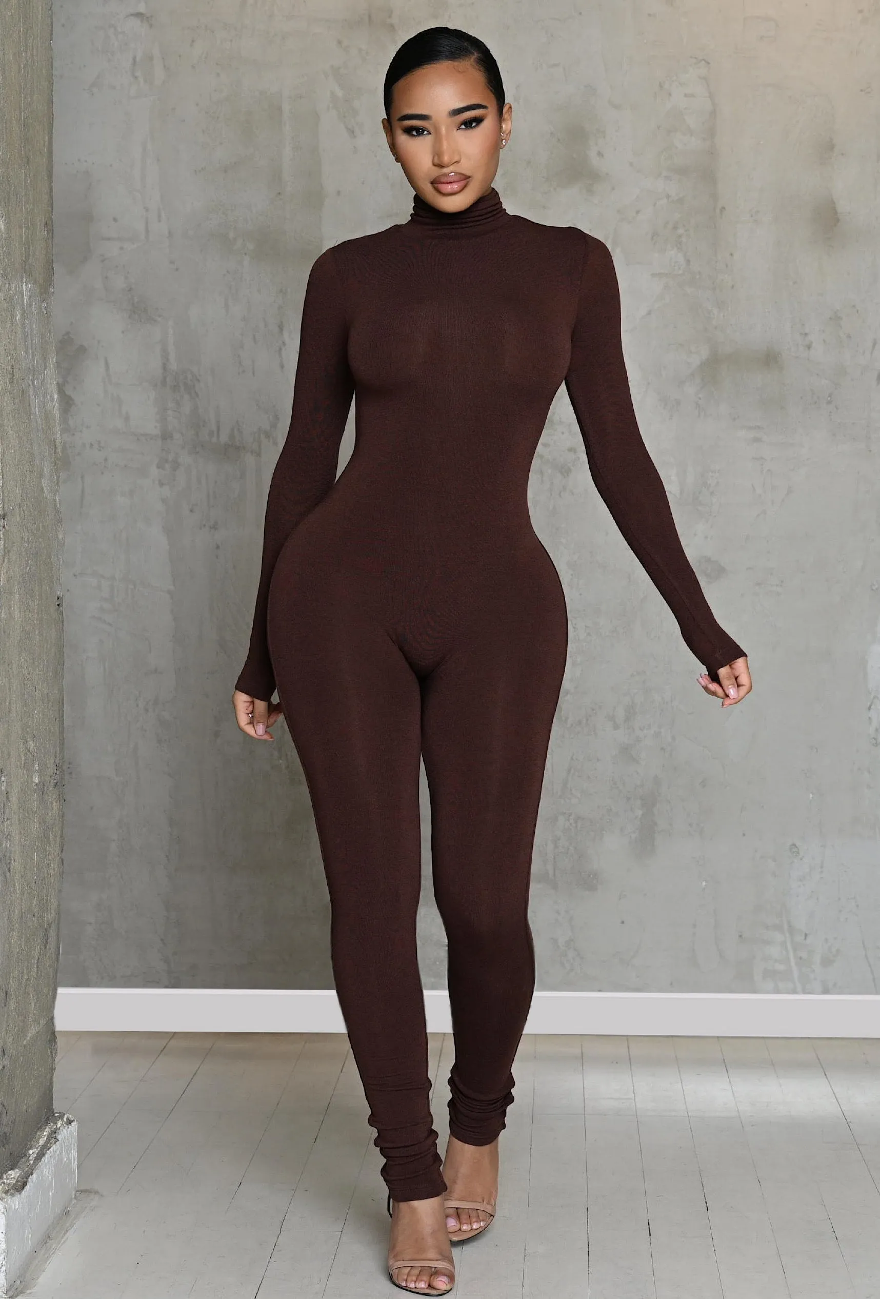Matte Basix Sculpt Turtle Neck Jumpsuit - Chocolate