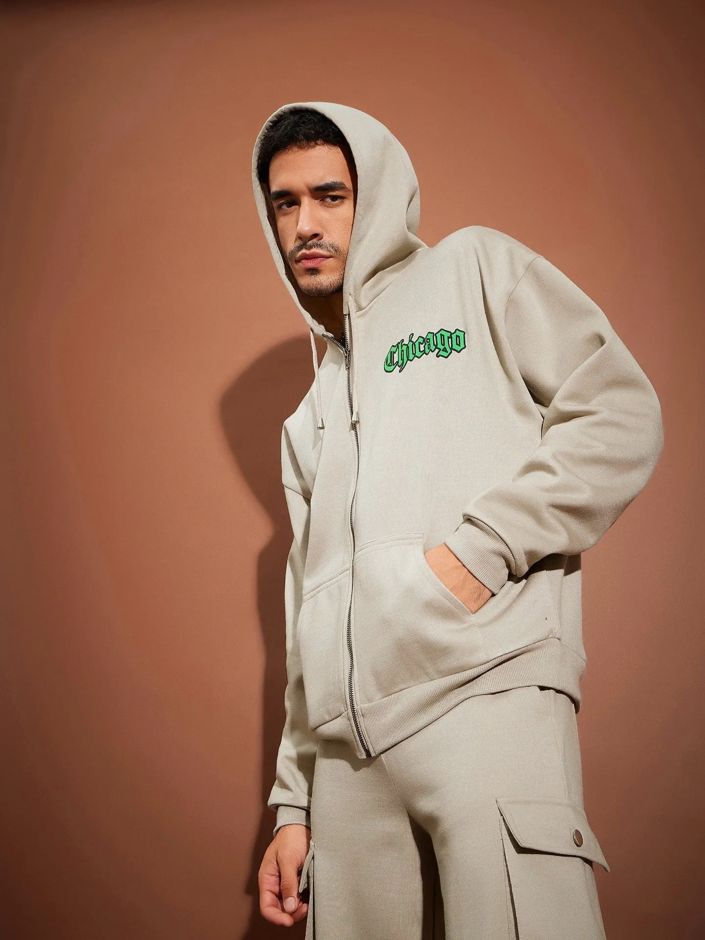 Men Taupe CHICAGO Oversized Zipper Hoodie Sweatshirt With Joggers
