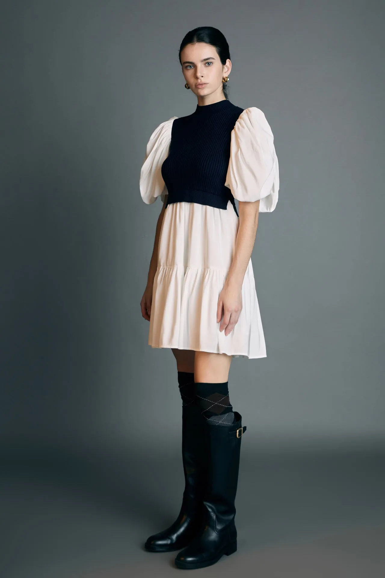 Mixed Media Puff Short Sleeve Mini Dress
