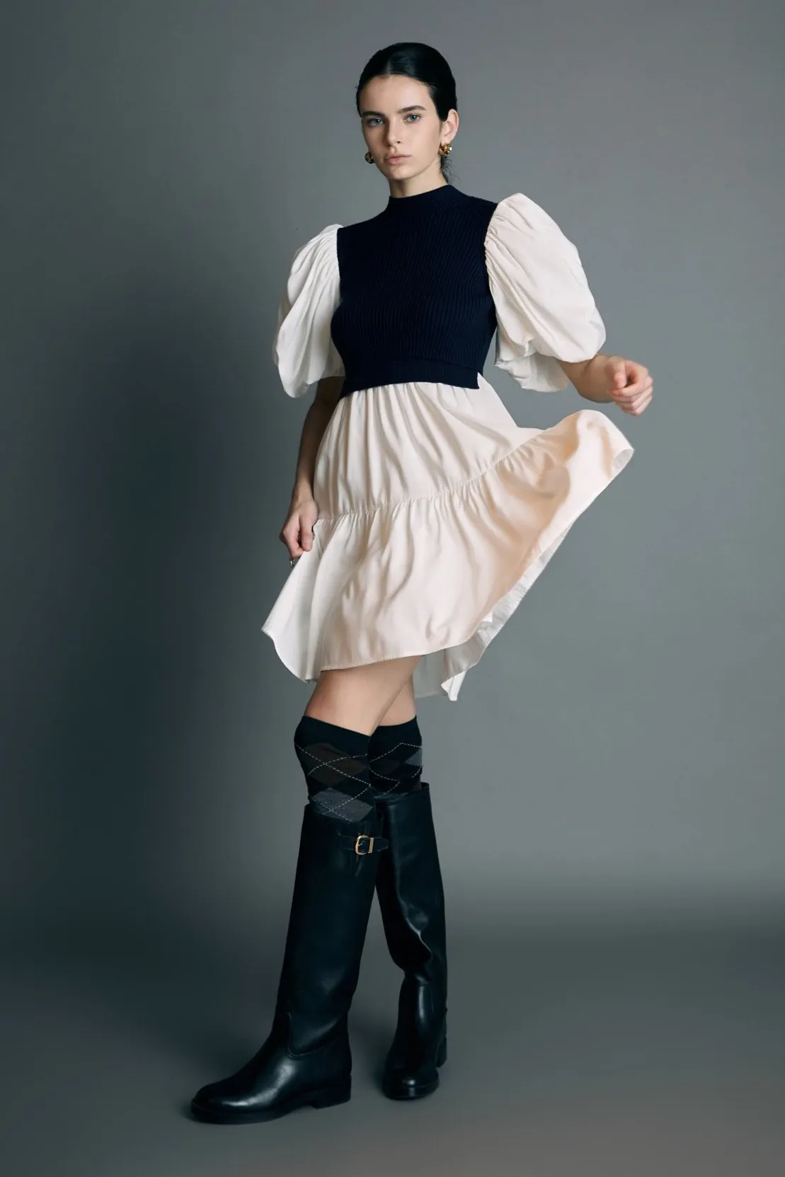 Mixed Media Puff Short Sleeve Mini Dress