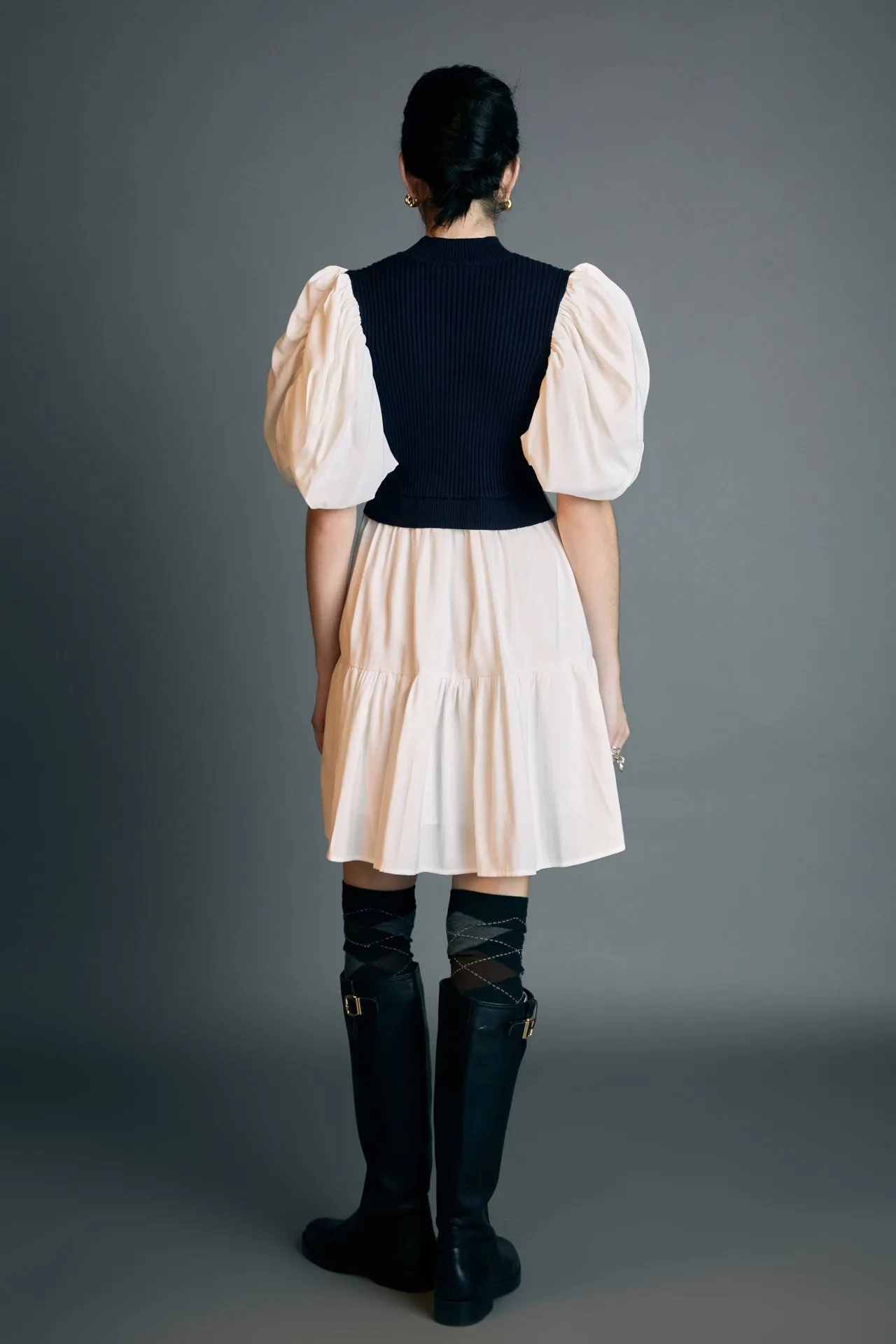 Mixed Media Puff Short Sleeve Mini Dress