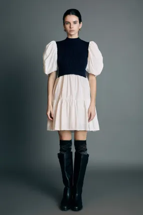 Mixed Media Puff Short Sleeve Mini Dress