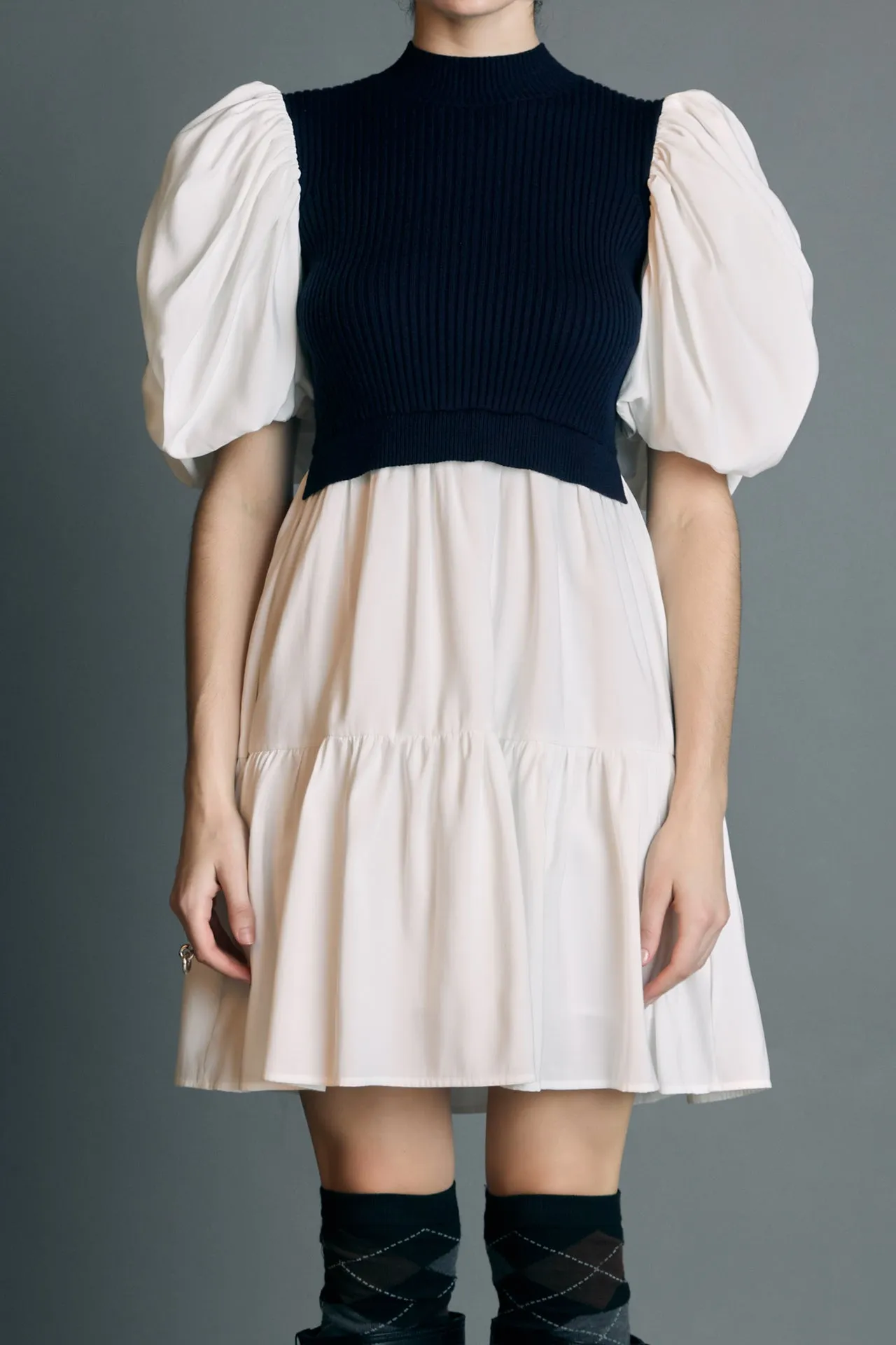 Mixed Media Puff Short Sleeve Mini Dress