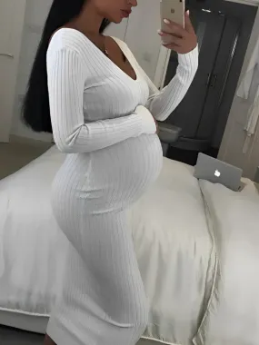 Momyknows Off Shoulder Knit Party Bodycon Baby Shower Pencil Pregnant Maternity Sweater Maxi Dress