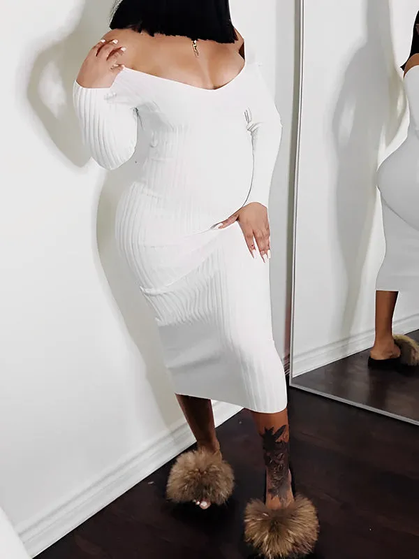 Momyknows Off Shoulder Knit Party Bodycon Baby Shower Pencil Pregnant Maternity Sweater Maxi Dress