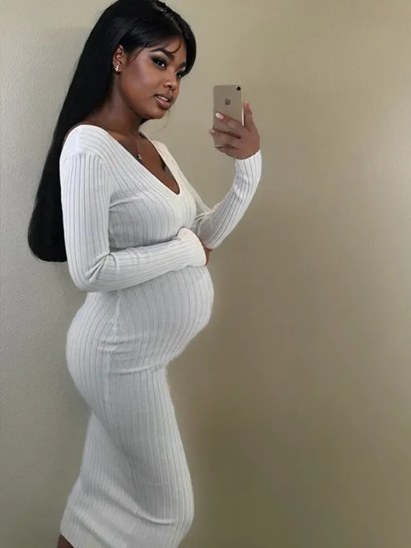 Momyknows Off Shoulder Knit Party Bodycon Baby Shower Pencil Pregnant Maternity Sweater Maxi Dress