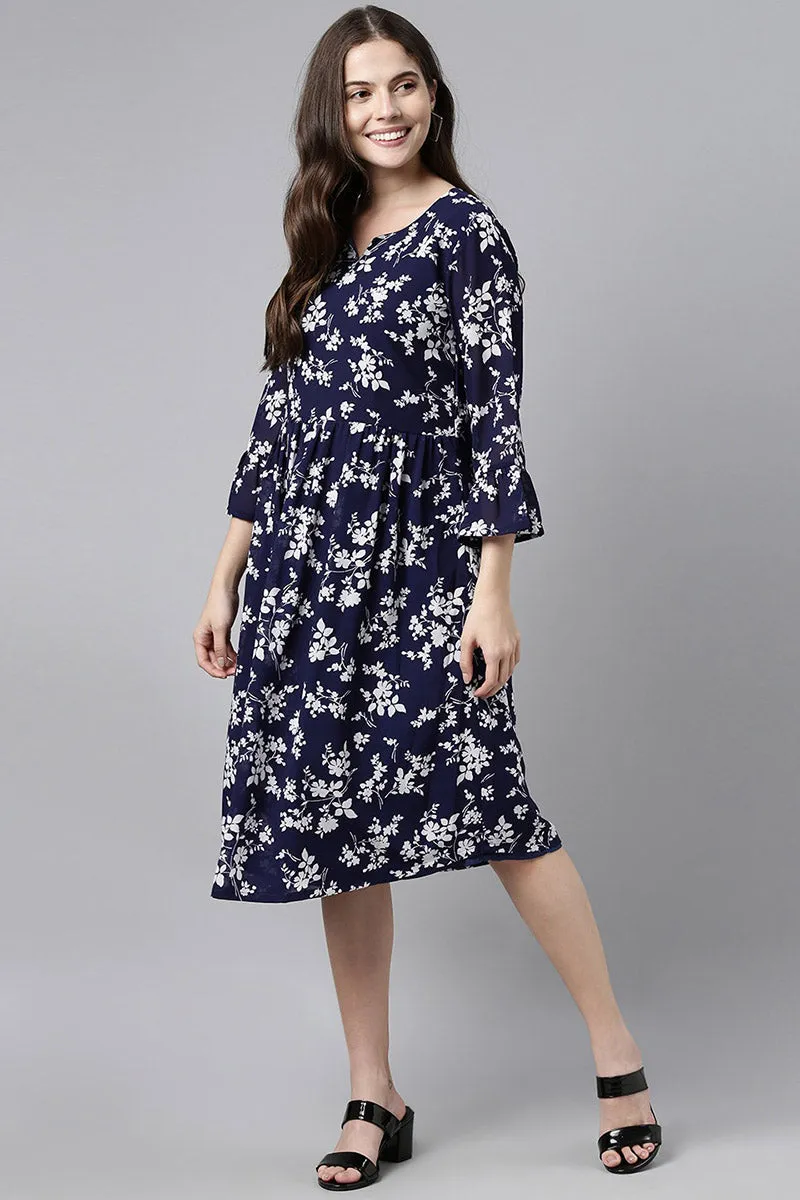 Navy Blue Chiffon Floral Print Midi Dress