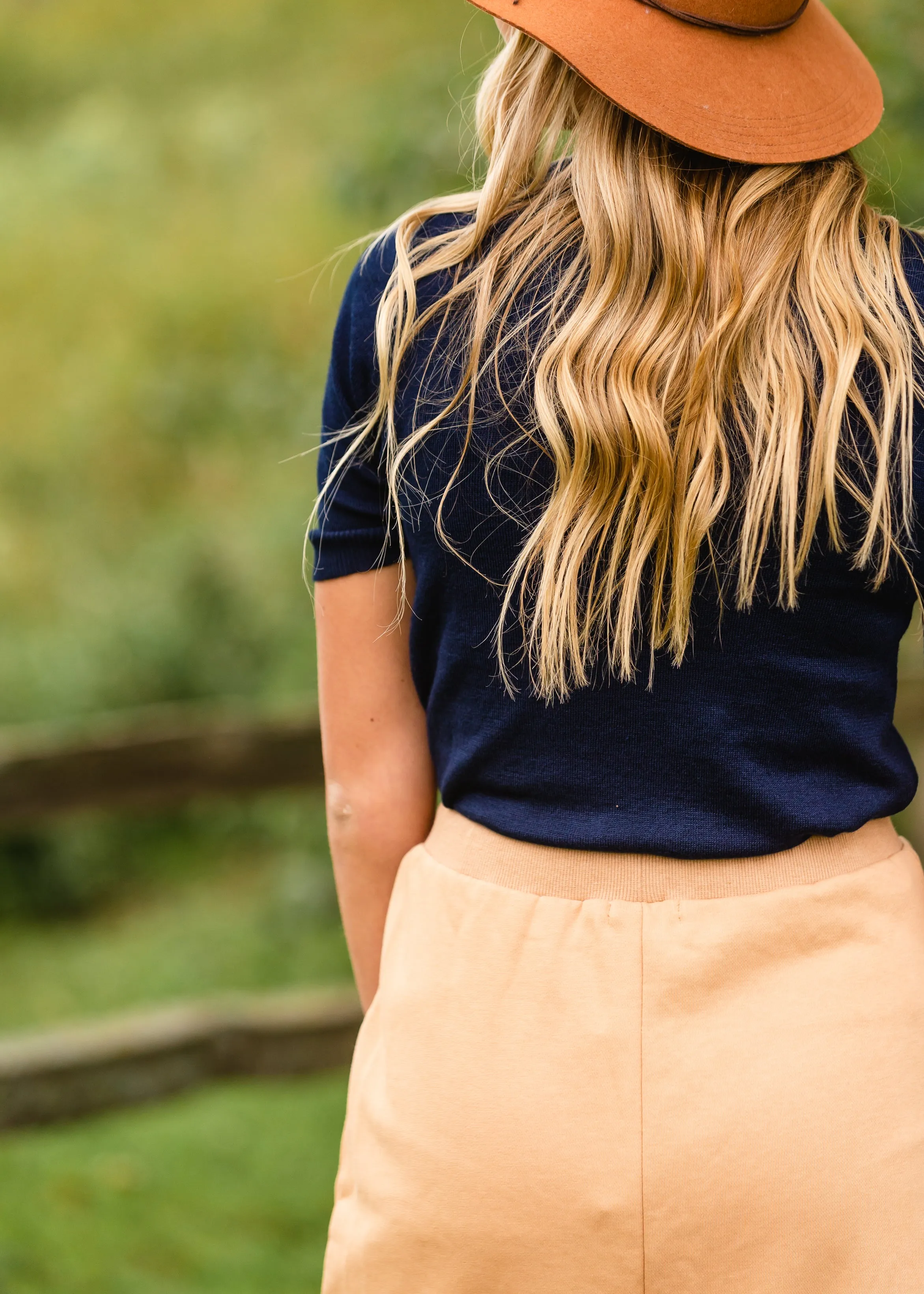 Navy Embroidered Short Sleeve Sweater Top - FINAL SALE