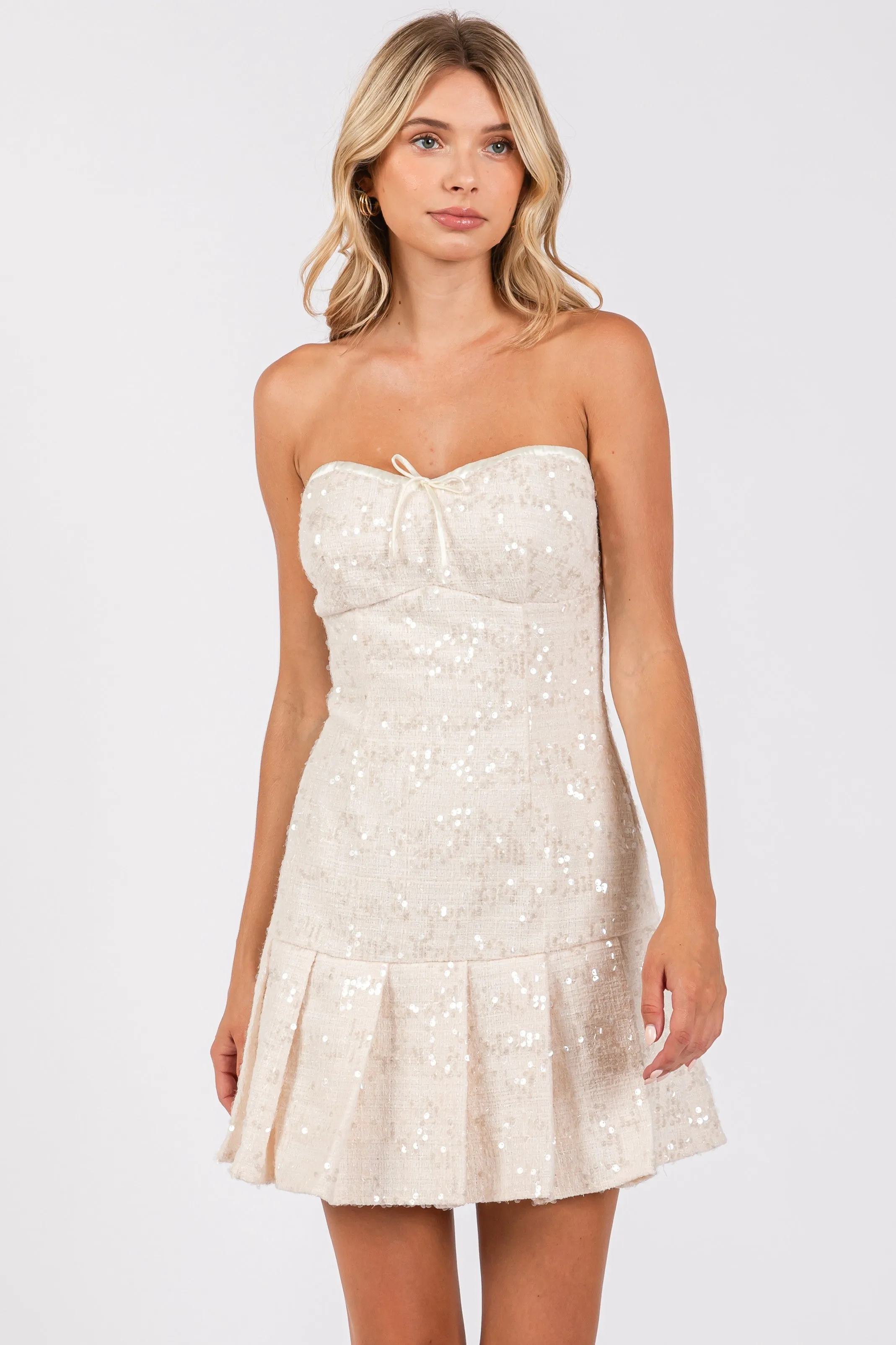 pleated hem sequin tweed strapless dress