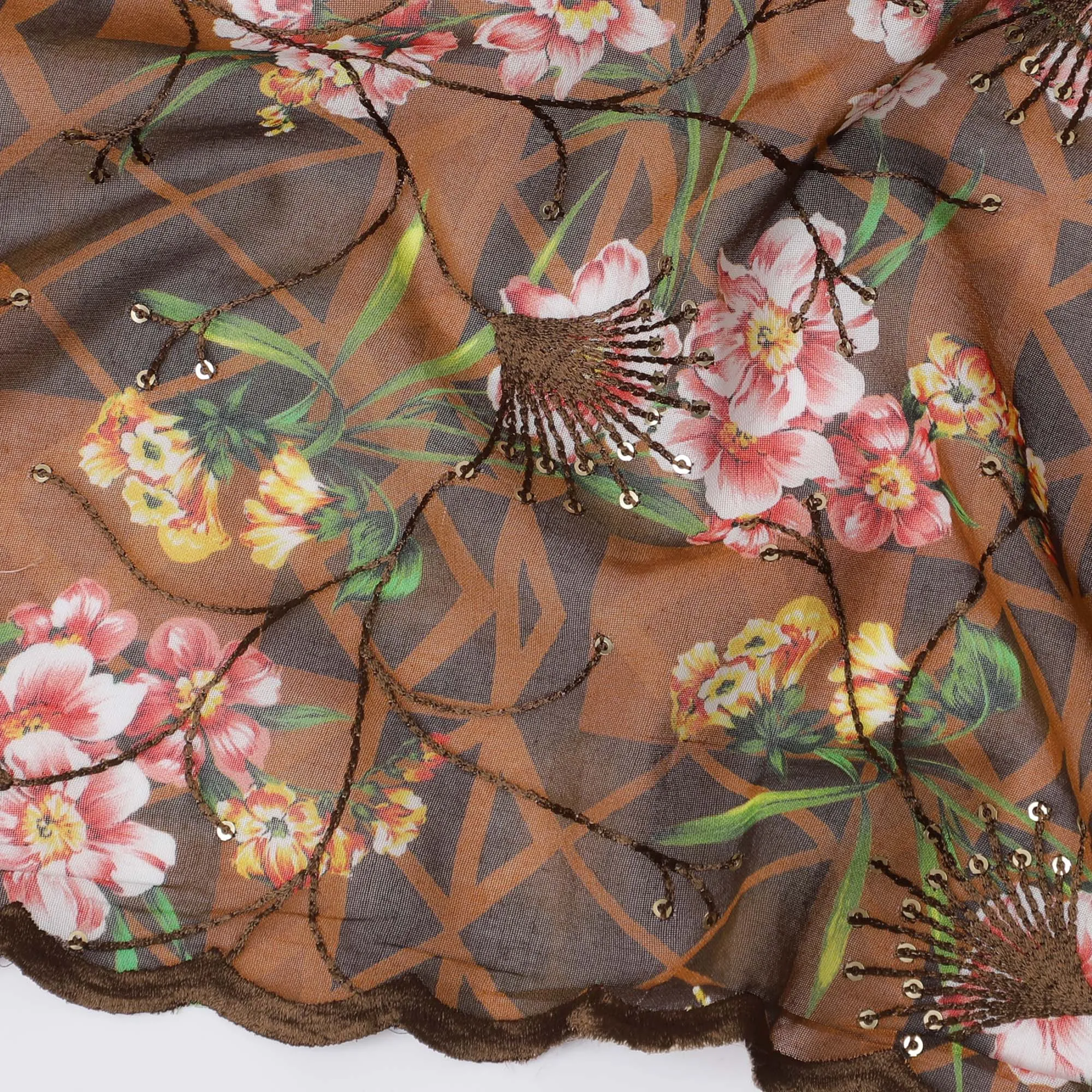 Rich Brown Premium Cotton Voile Fabric with Multicolor Floral Embroidery - Traditional Thobe Material, 140 cm Wide-D20216
