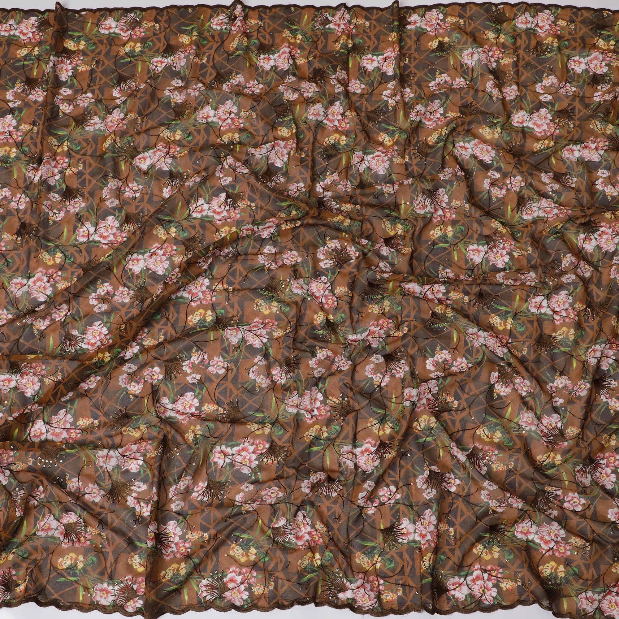 Rich Brown Premium Cotton Voile Fabric with Multicolor Floral Embroidery - Traditional Thobe Material, 140 cm Wide-D20216