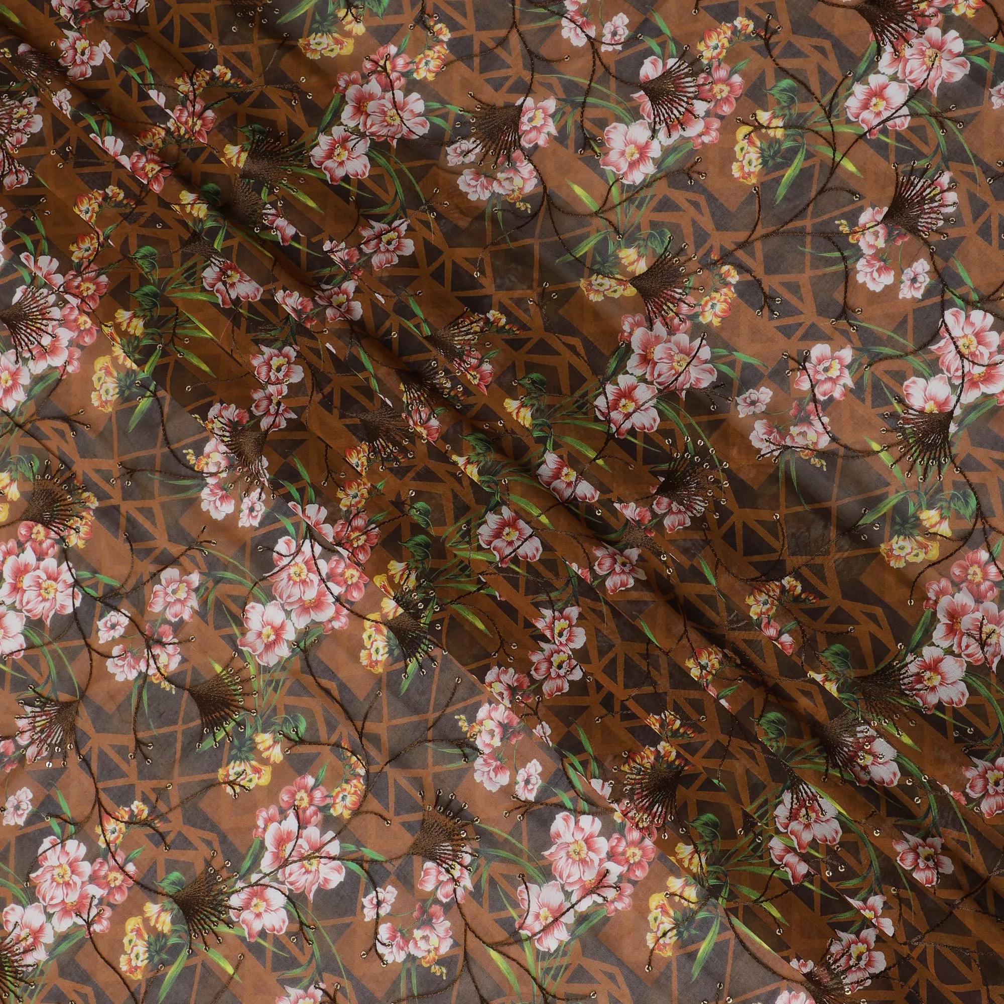 Rich Brown Premium Cotton Voile Fabric with Multicolor Floral Embroidery - Traditional Thobe Material, 140 cm Wide-D20216