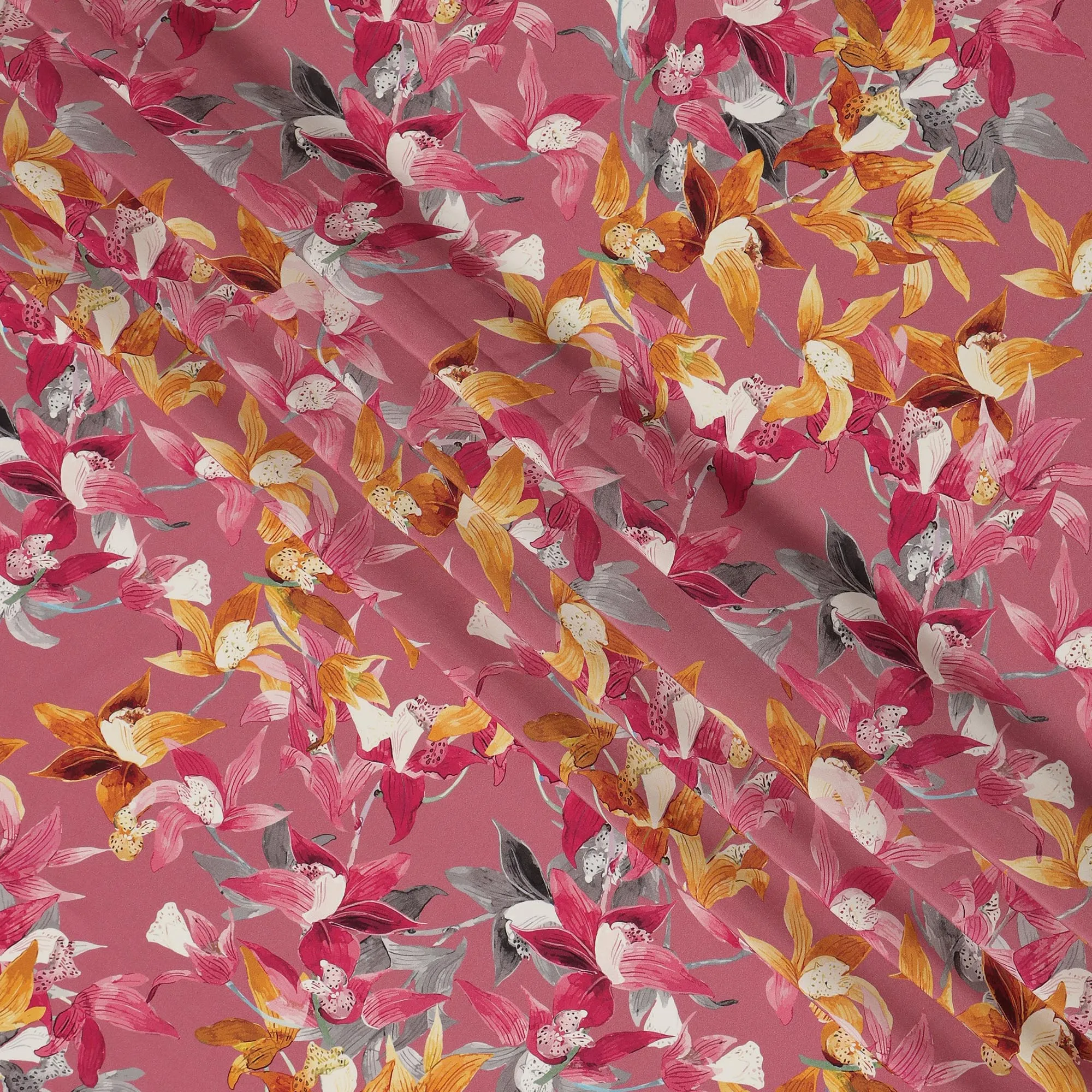 Rose Pink Viscose Fabric with Yellow and Orange Floral Digital Print, 110 cm Width-D20629