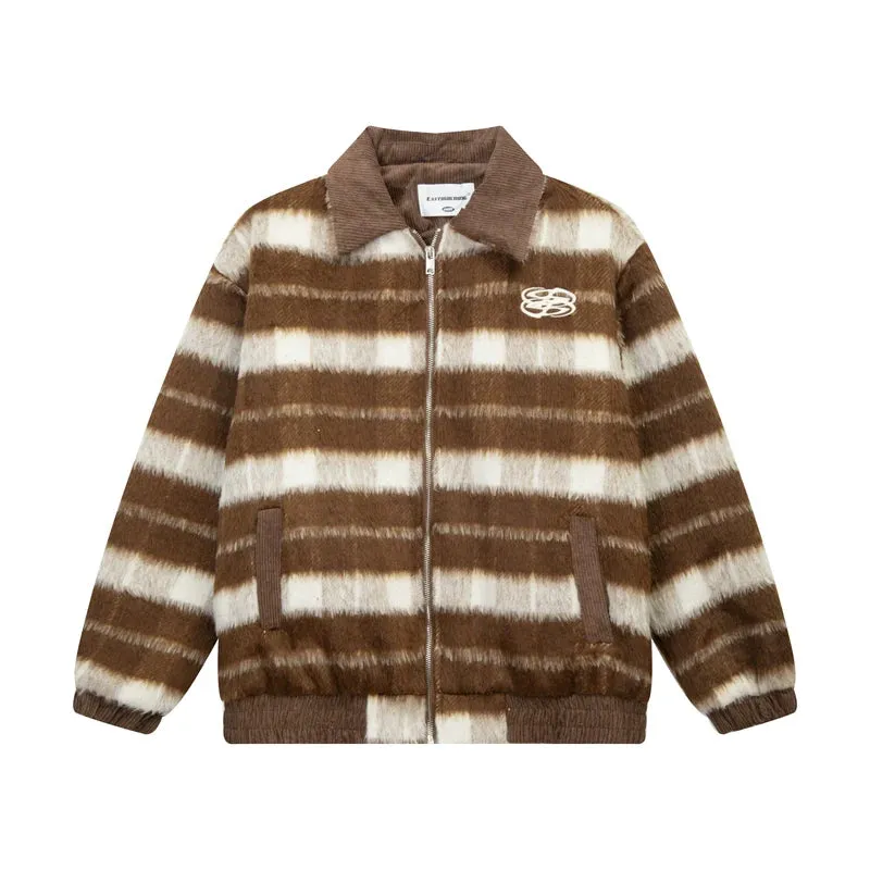 Striped Brown and White Faux Fur Bomber Jacket