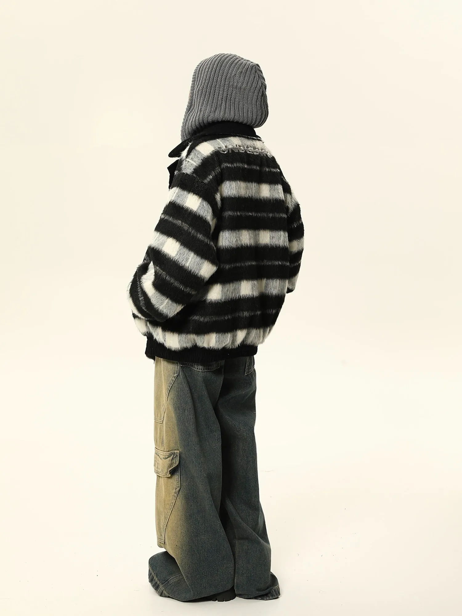 Striped Brown and White Faux Fur Bomber Jacket