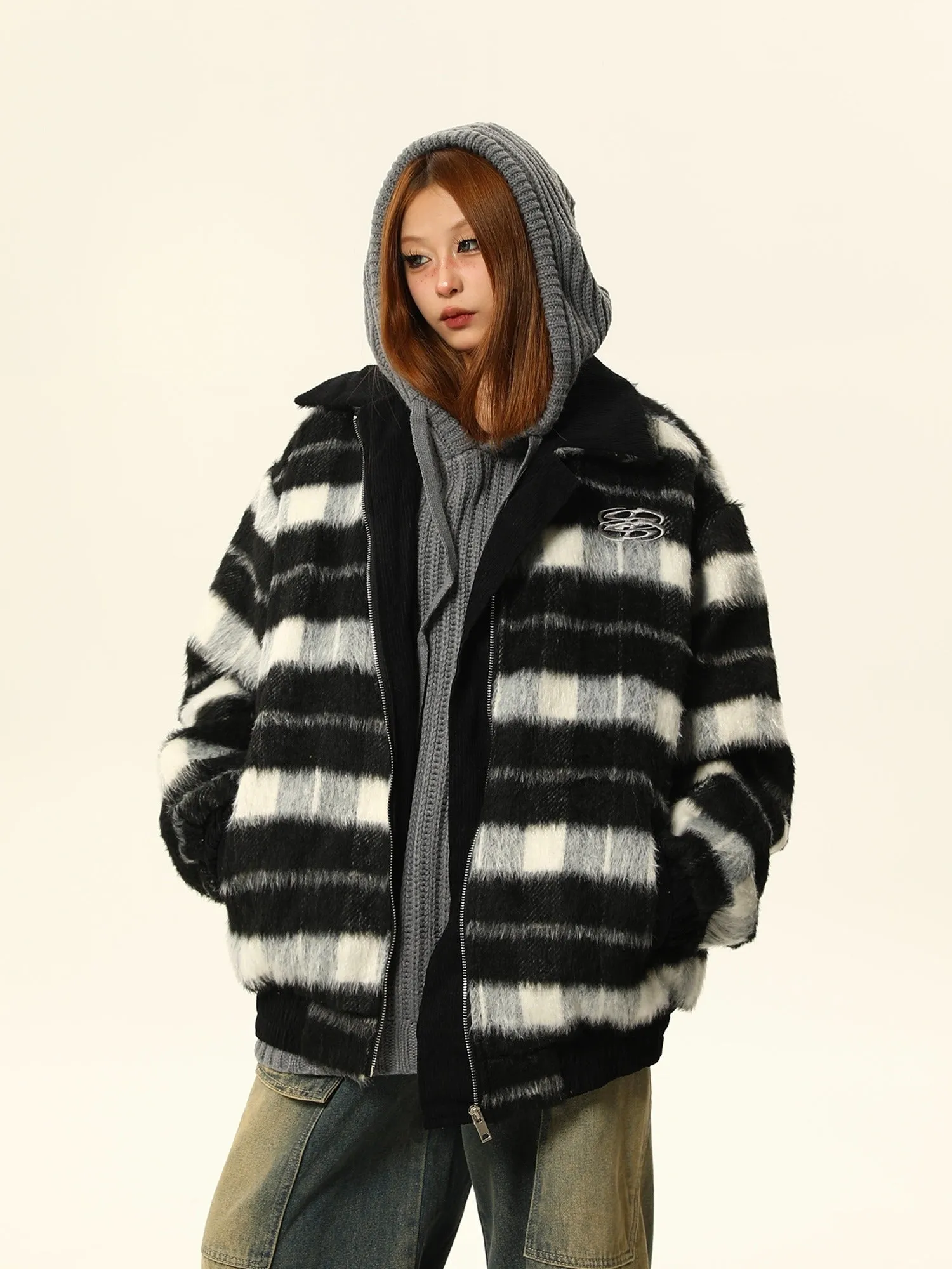 Striped Brown and White Faux Fur Bomber Jacket