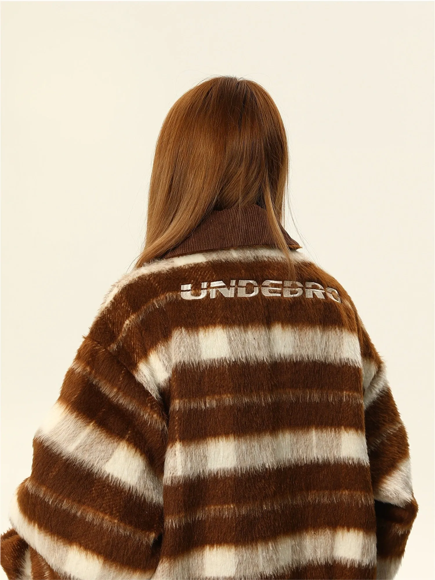 Striped Brown and White Faux Fur Bomber Jacket