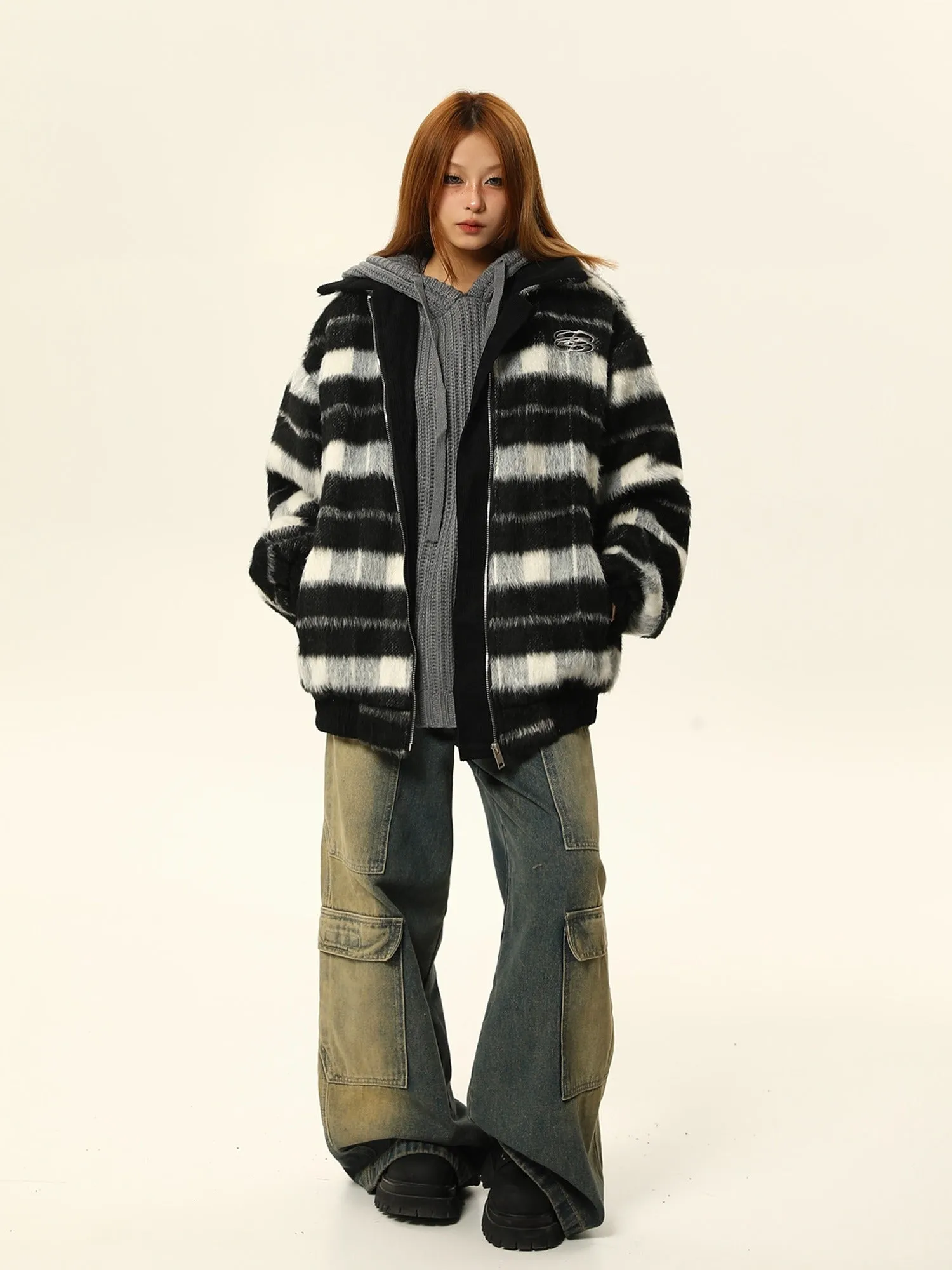 Striped Brown and White Faux Fur Bomber Jacket