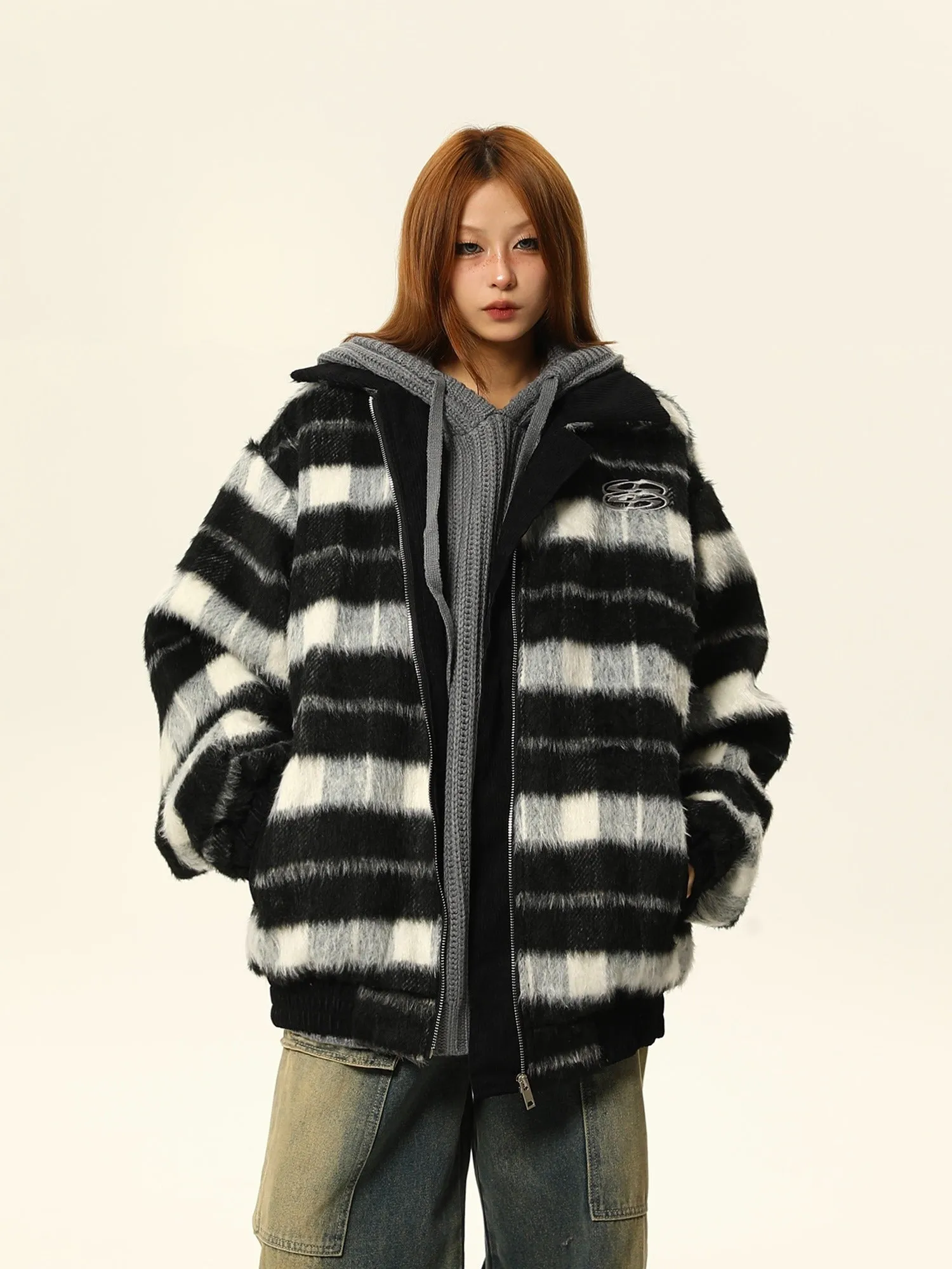Striped Brown and White Faux Fur Bomber Jacket