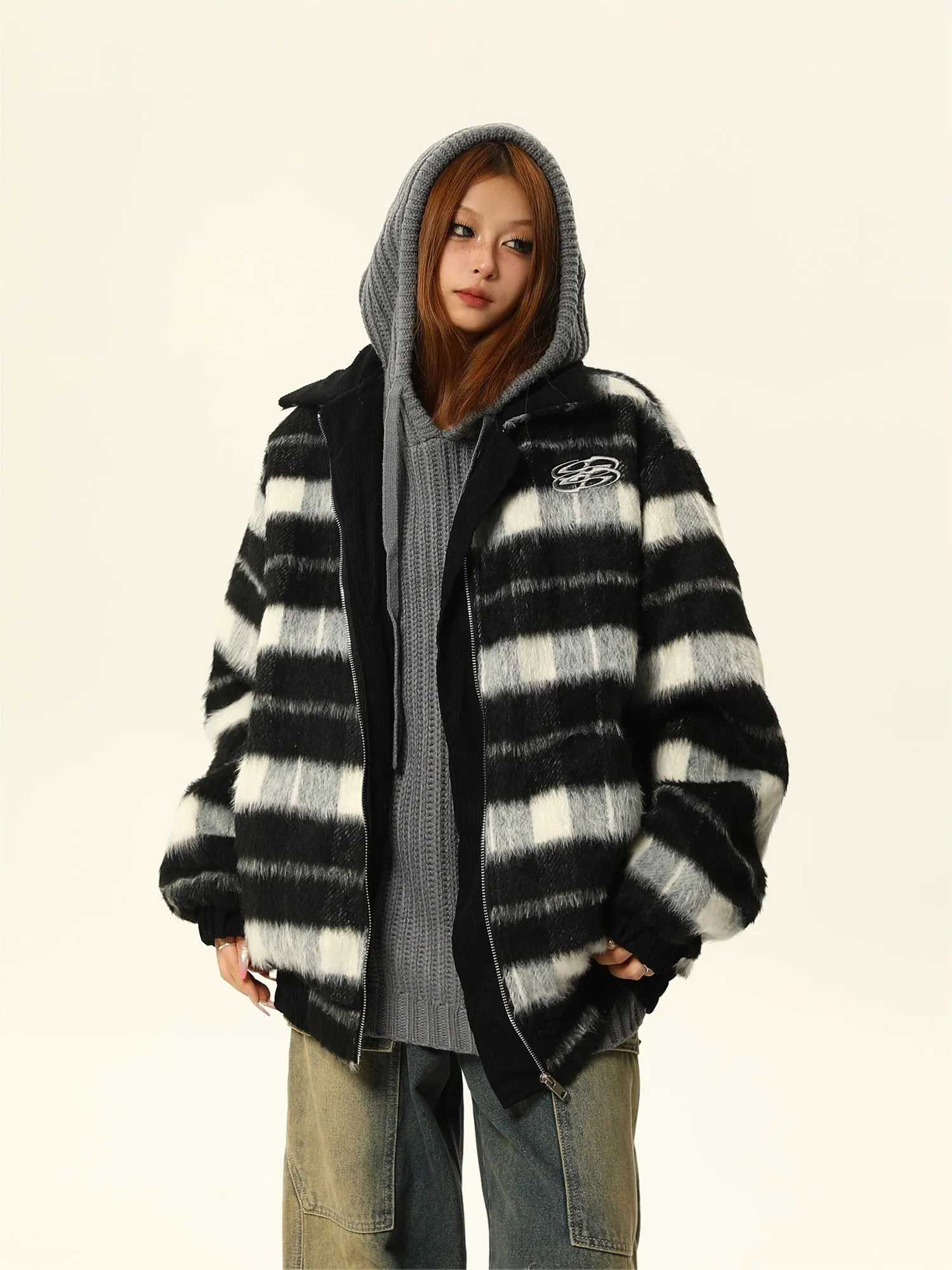 Striped Brown and White Faux Fur Bomber Jacket