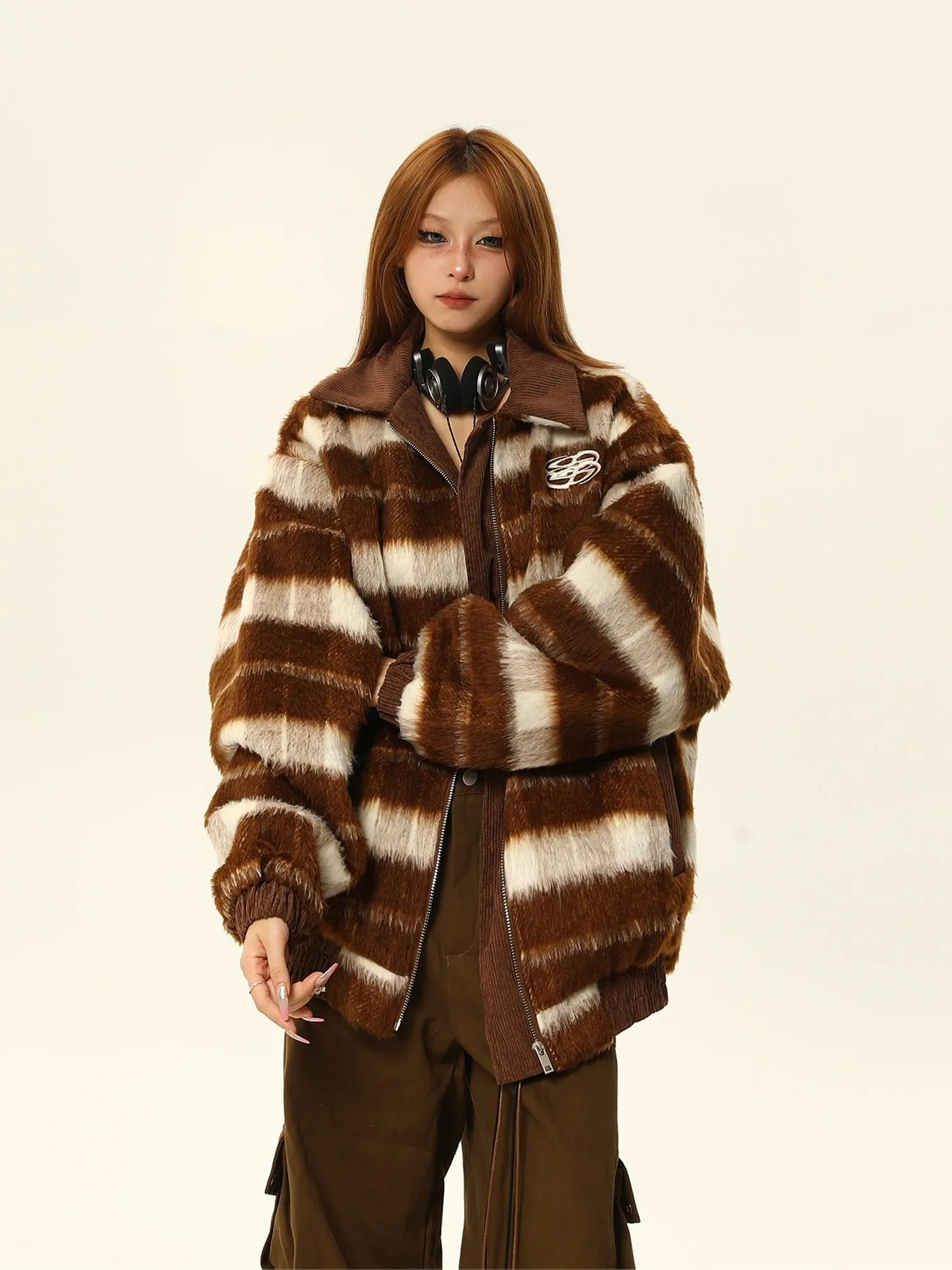 Striped Brown and White Faux Fur Bomber Jacket