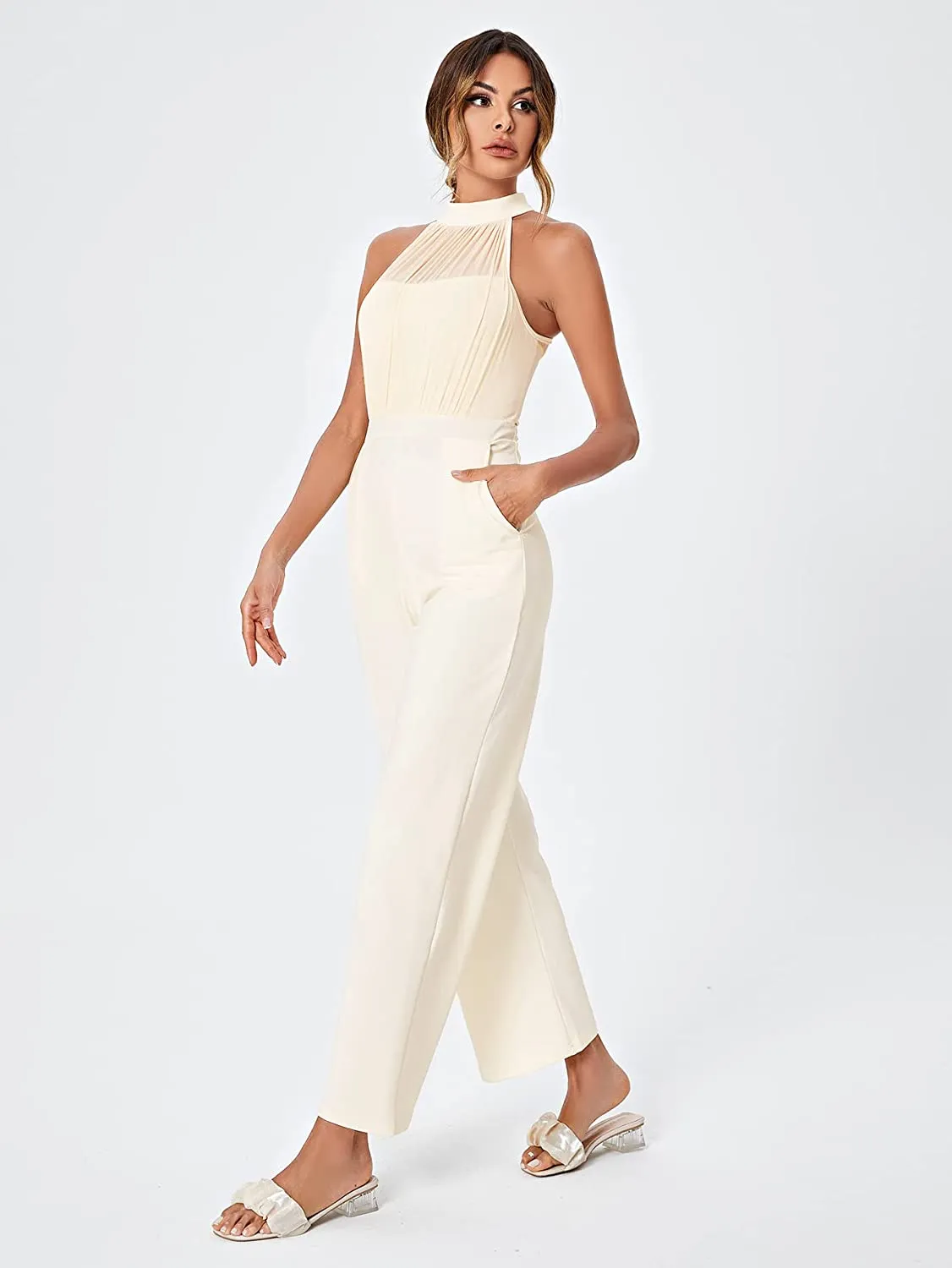 Stunning Halter Sleeveless Creamy Beige Wide Leg Jumpsuit