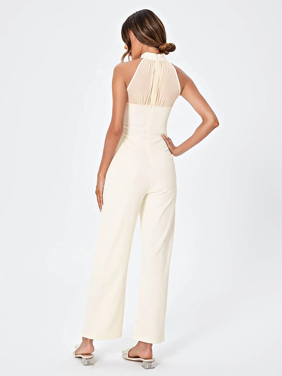 Stunning Halter Sleeveless Creamy Beige Wide Leg Jumpsuit
