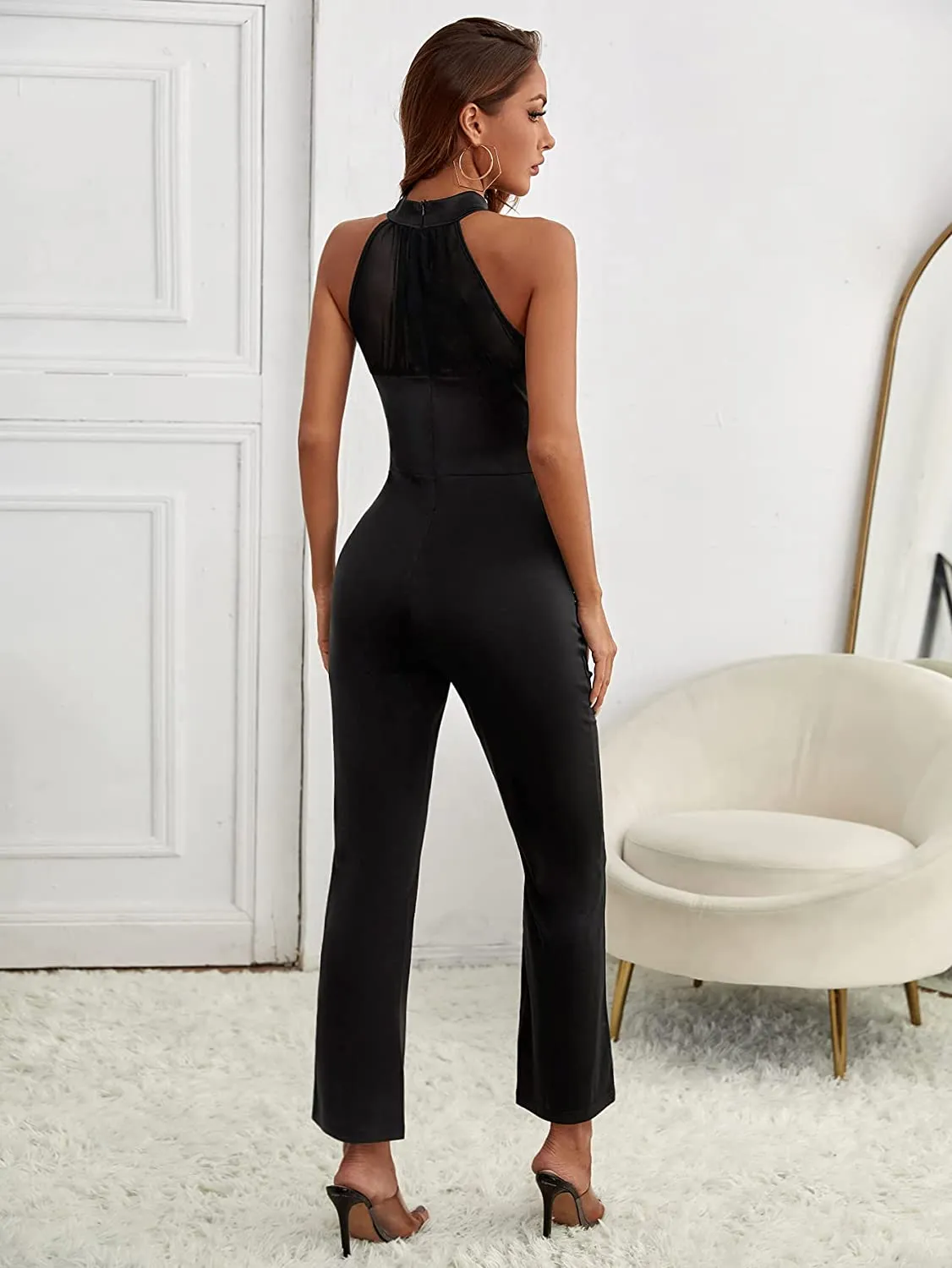 Stunning Halter Sleeveless Creamy Beige Wide Leg Jumpsuit