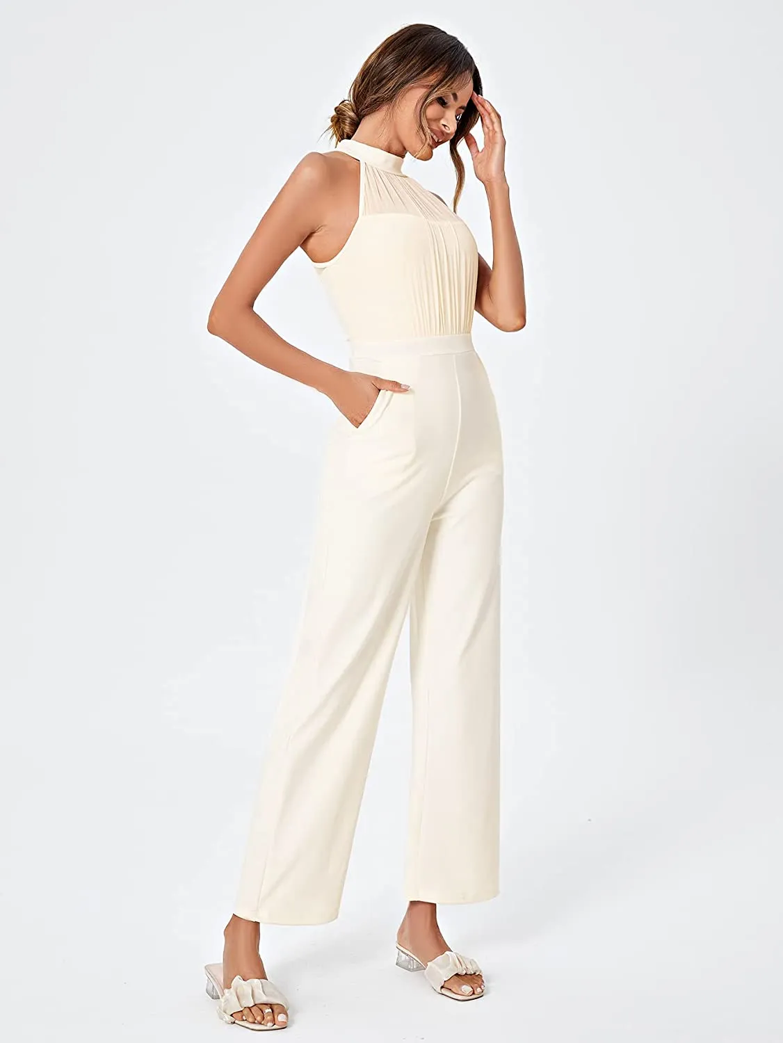 Stunning Halter Sleeveless Creamy Beige Wide Leg Jumpsuit
