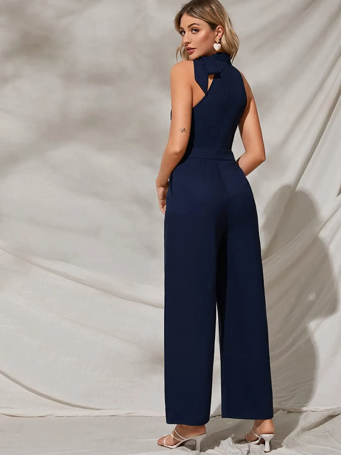 Stunning Halter Sleeveless Creamy Beige Wide Leg Jumpsuit