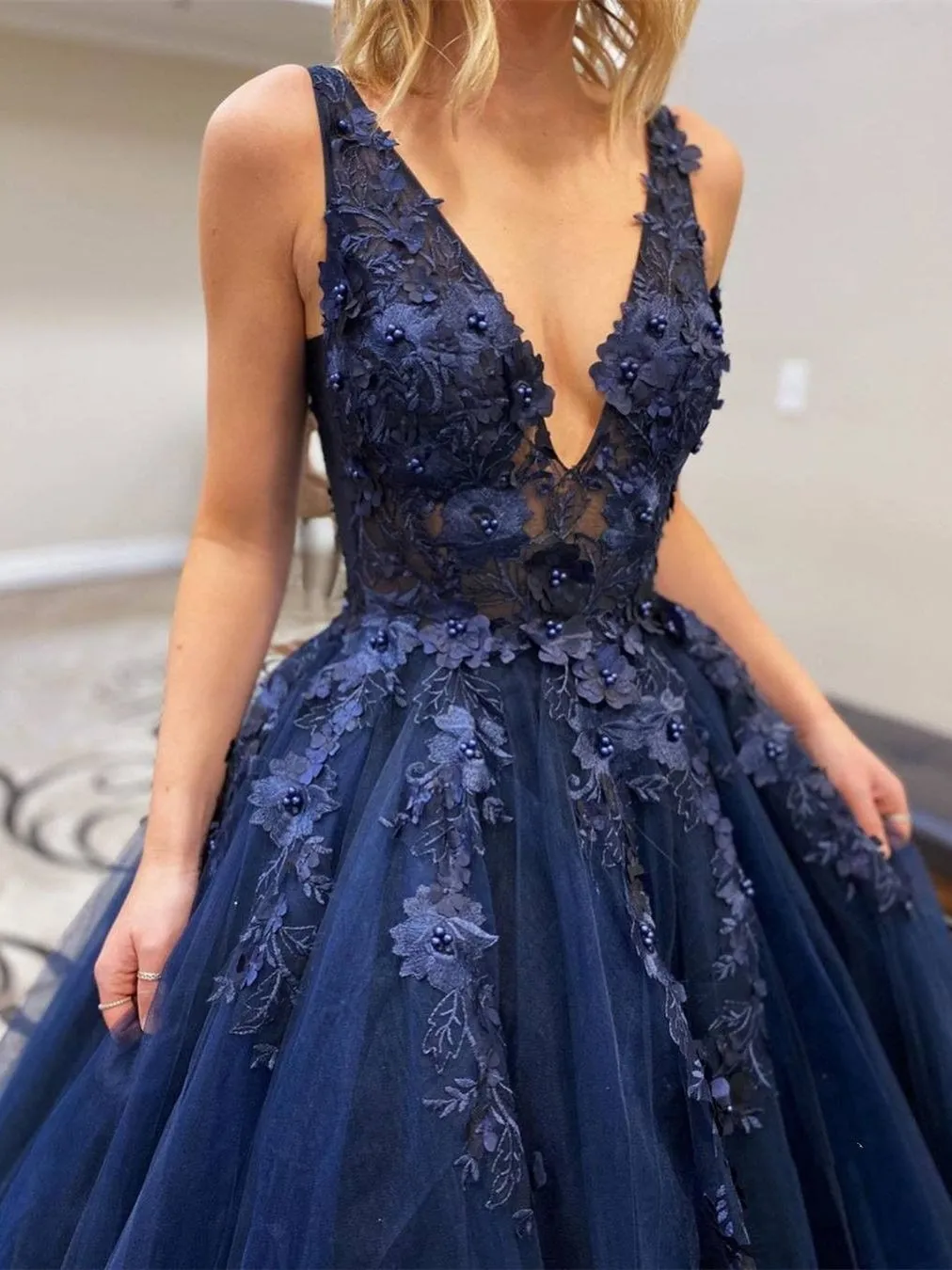 Stylish V Neck Beaded Navy Blue Lace Prom, Navy Blue Lace Formal, Navy Blue Evening