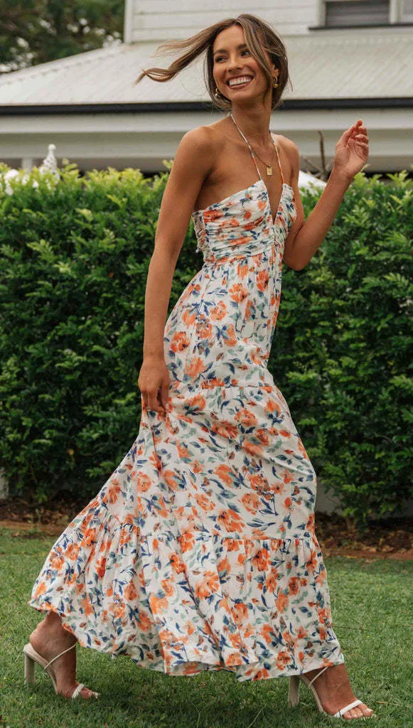 Summer Floral Print Spaghetti Strap V-neck Maxi Dress