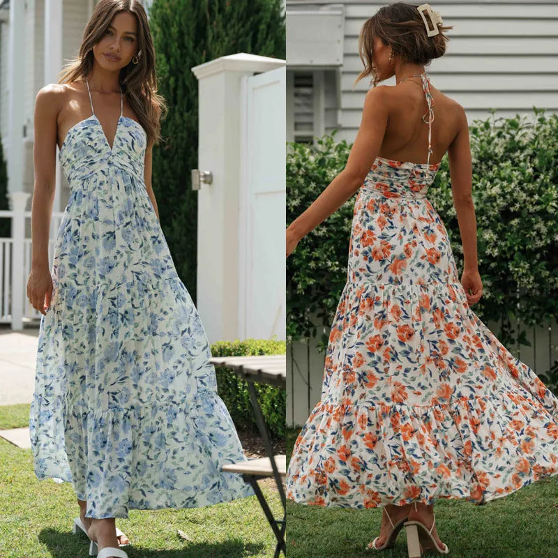 Summer Floral Print Spaghetti Strap V-neck Maxi Dress