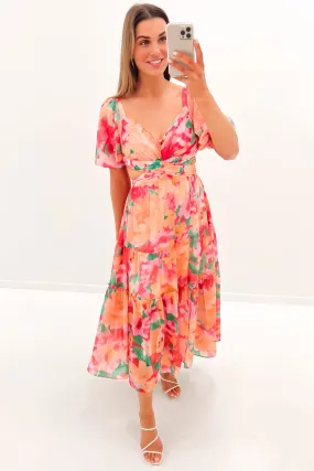 Theo Midi Dress Pink Floral