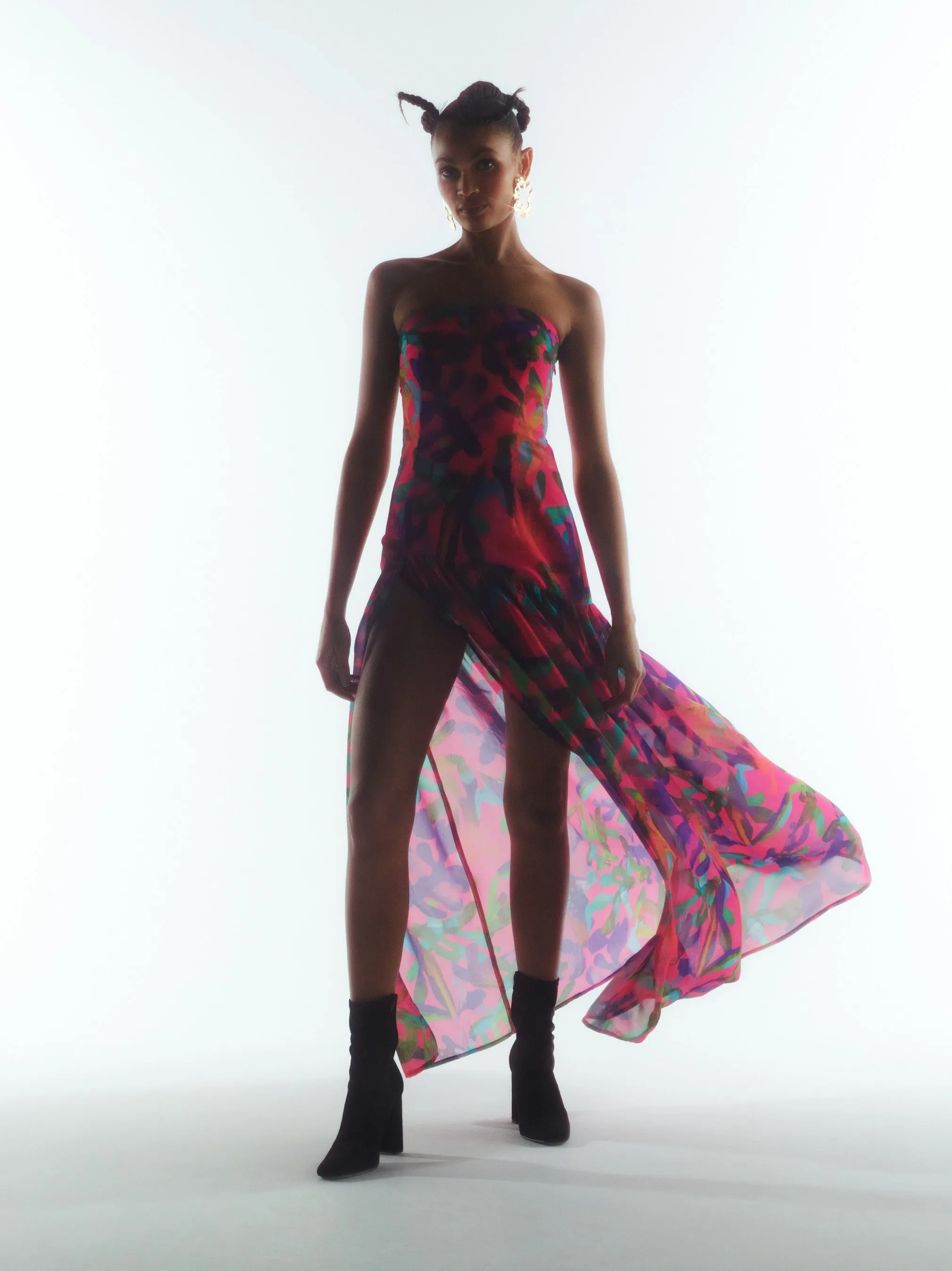 Tropical Print Chiffon Dress in Red Pink