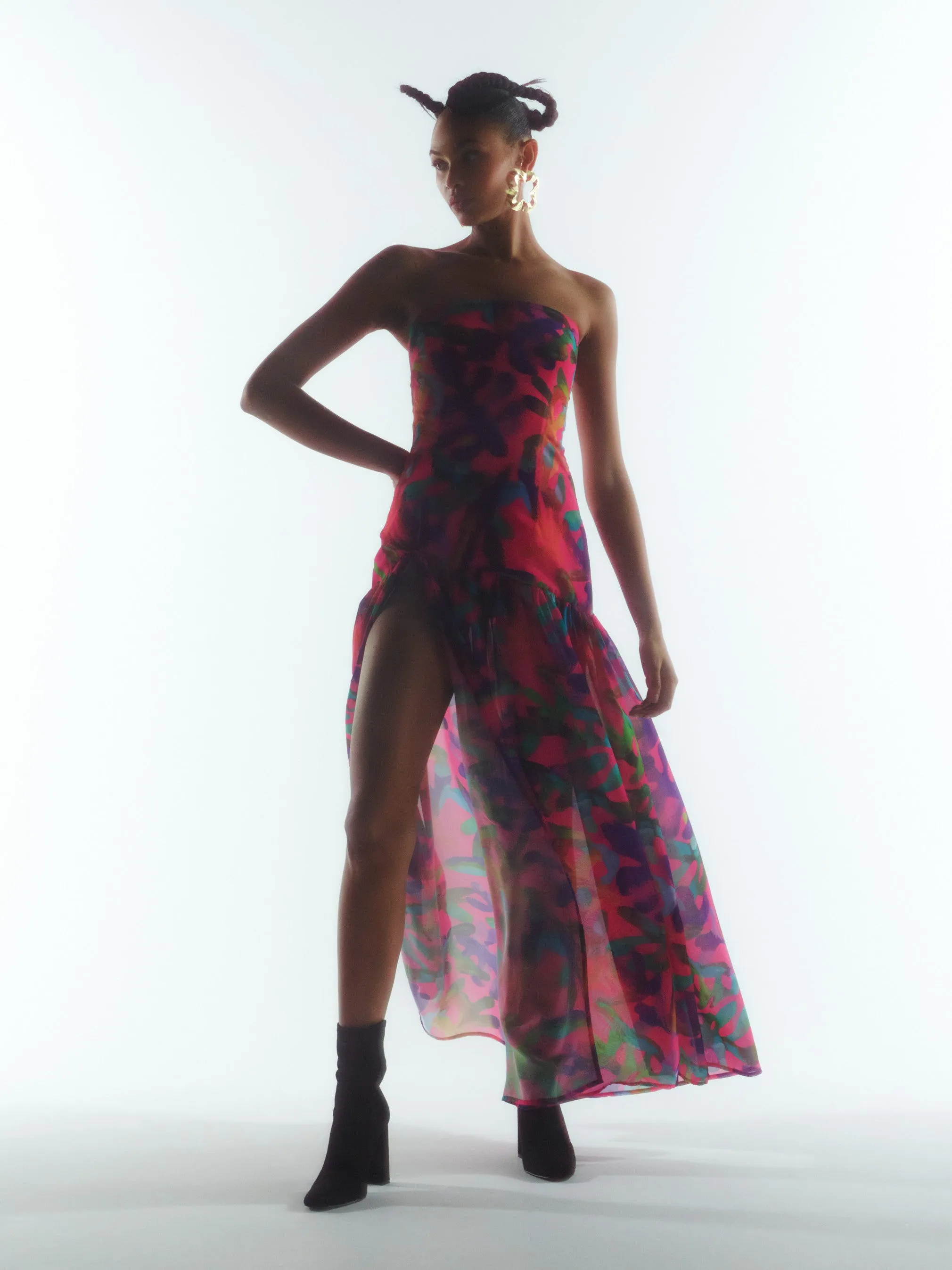 Tropical Print Chiffon Dress in Red Pink