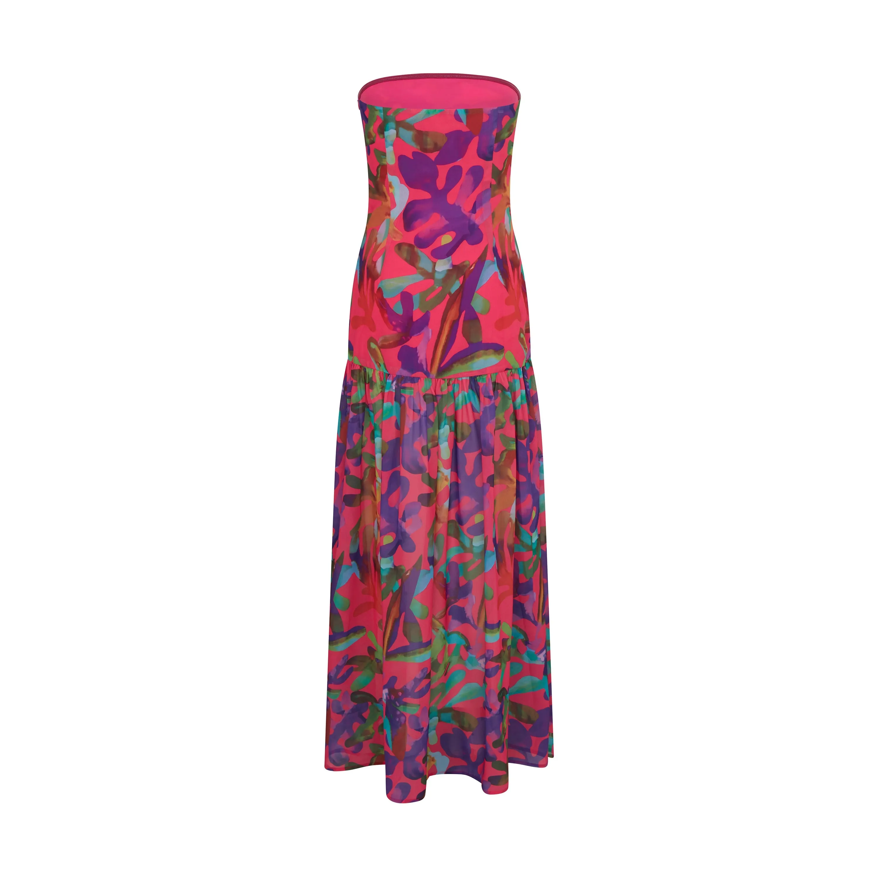 Tropical Print Chiffon Dress in Red Pink