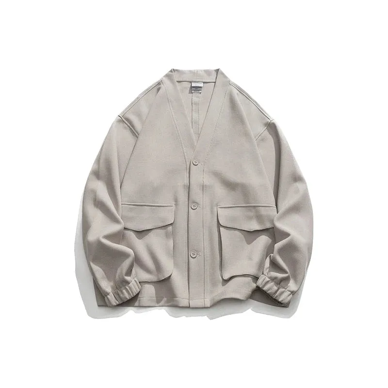 Wiaofellas  -  Japan fashion Retro Small Waffle Design Men and Women V-neck Loose Leisure Cardigan Hoodie Outerwear