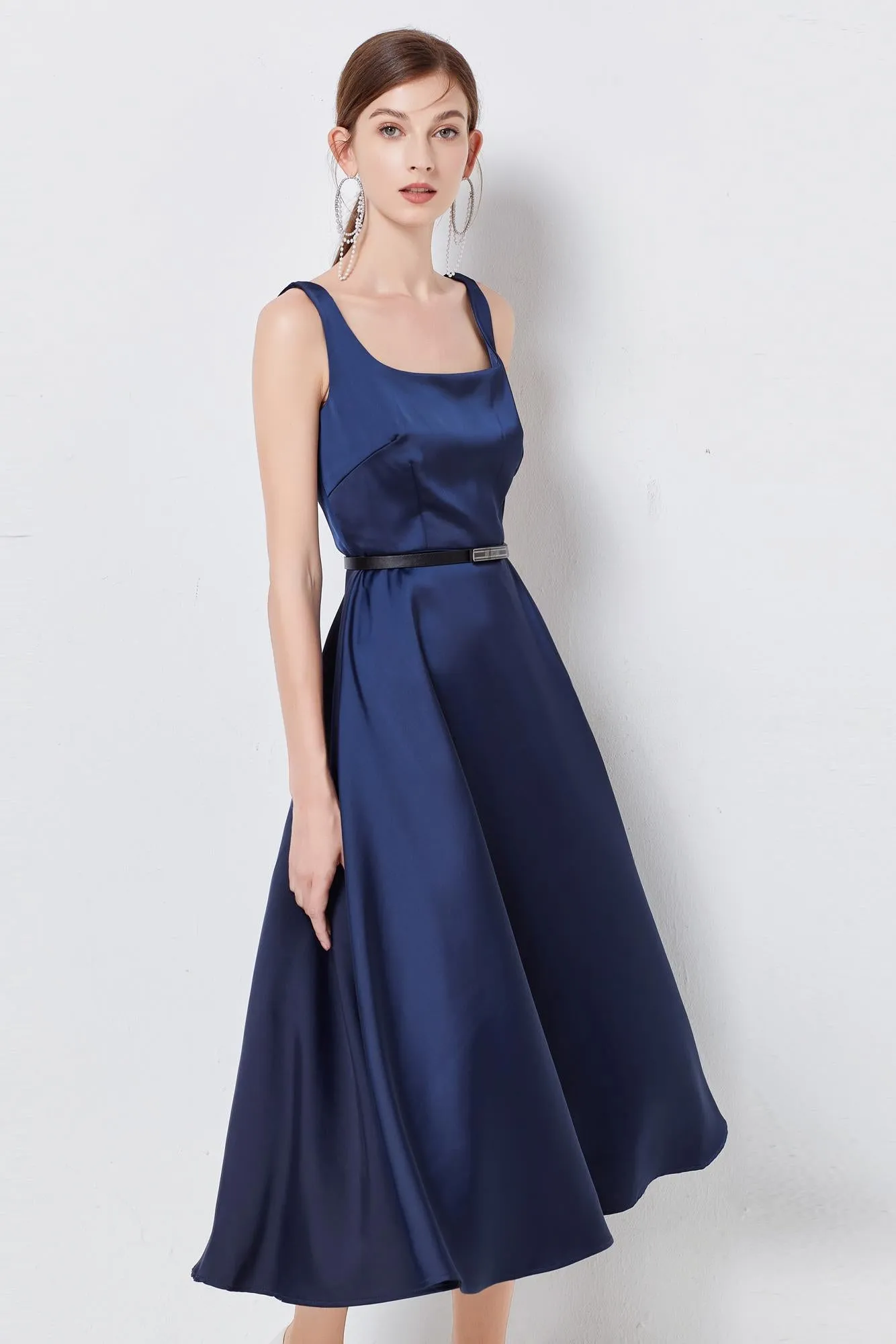 Women Clothing For Spring Summer And Autumn New Satin U Collar Sleeveless Elegant Hepburn Style Dress With Belt