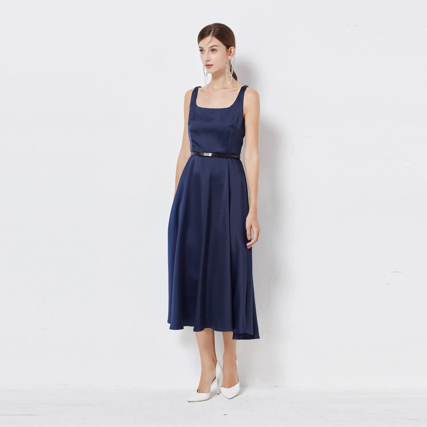 Women Clothing For Spring Summer And Autumn New Satin U Collar Sleeveless Elegant Hepburn Style Dress With Belt