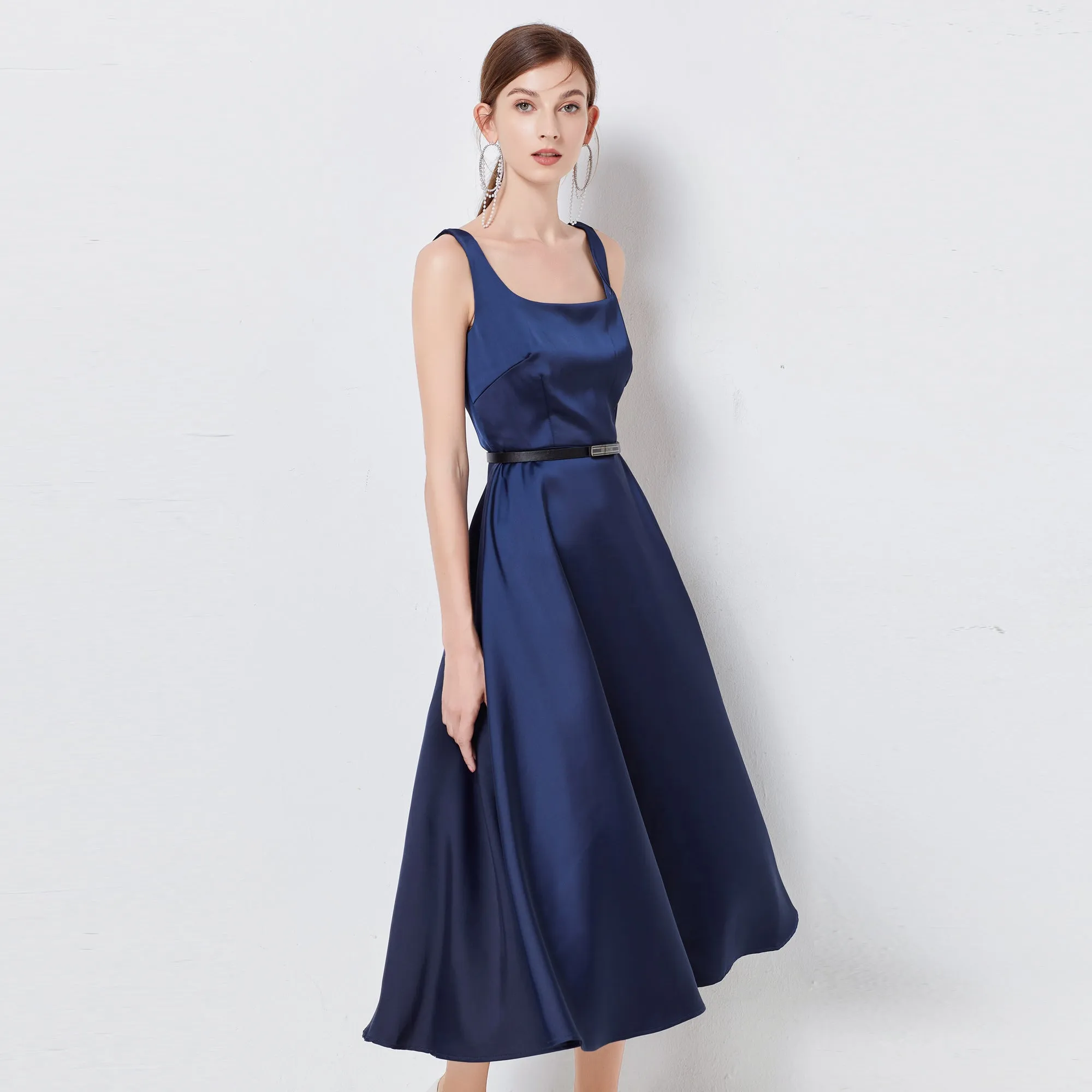 Women Clothing For Spring Summer And Autumn New Satin U Collar Sleeveless Elegant Hepburn Style Dress With Belt