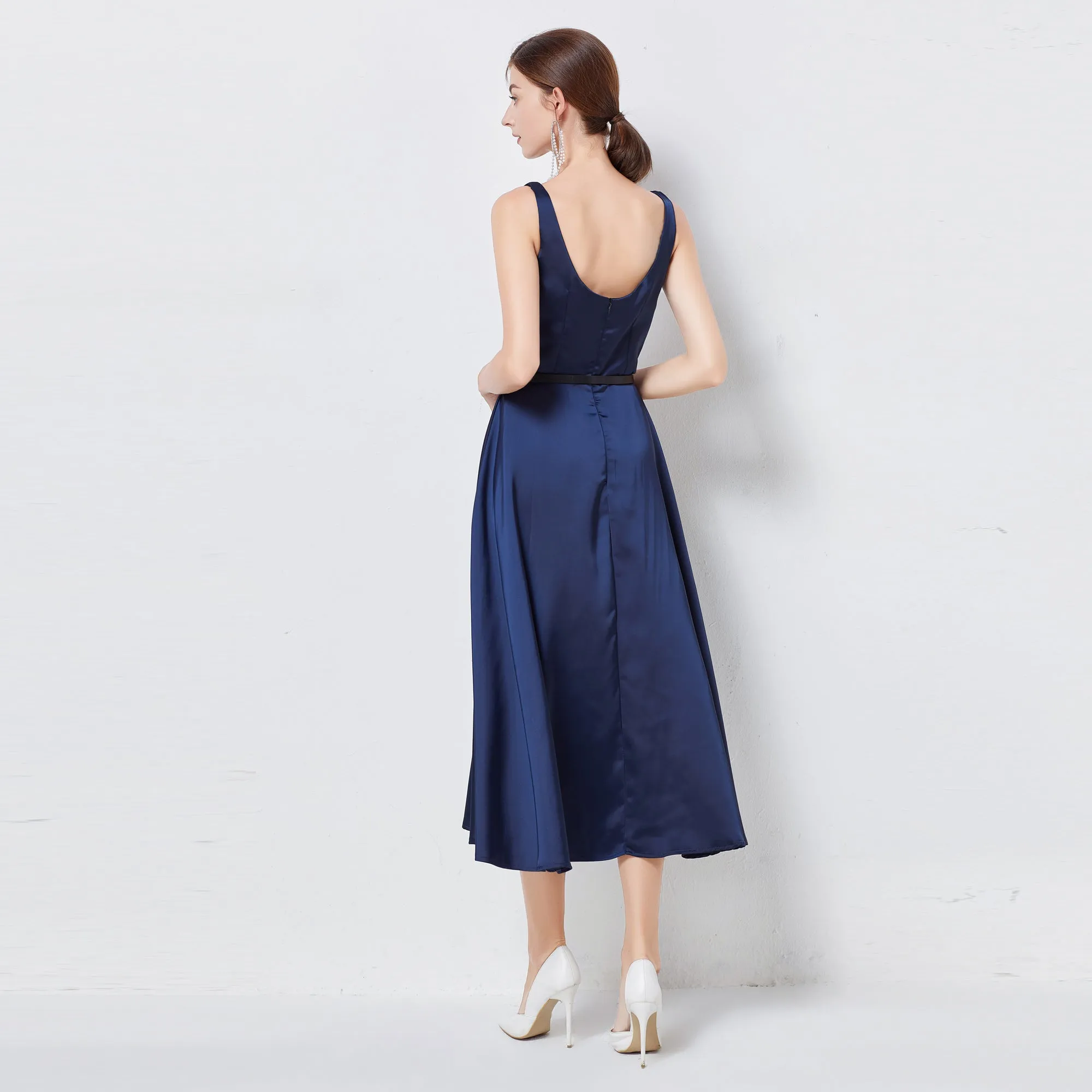 Women Clothing For Spring Summer And Autumn New Satin U Collar Sleeveless Elegant Hepburn Style Dress With Belt