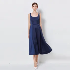 Women Clothing For Spring Summer And Autumn New Satin U Collar Sleeveless Elegant Hepburn Style Dress With Belt