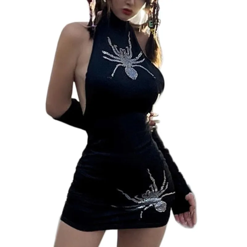 Women Sexy Halter Sleeveless Package Hip Bodycon Mini Dress Gothic Hot Drill Spider Backless Nightclub Party Dresses