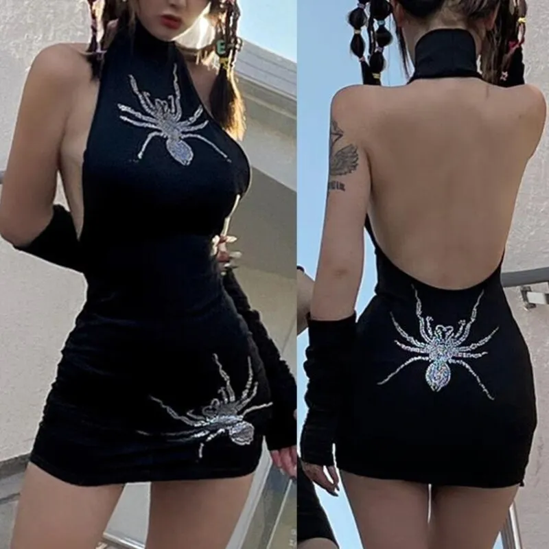 Women Sexy Halter Sleeveless Package Hip Bodycon Mini Dress Gothic Hot Drill Spider Backless Nightclub Party Dresses